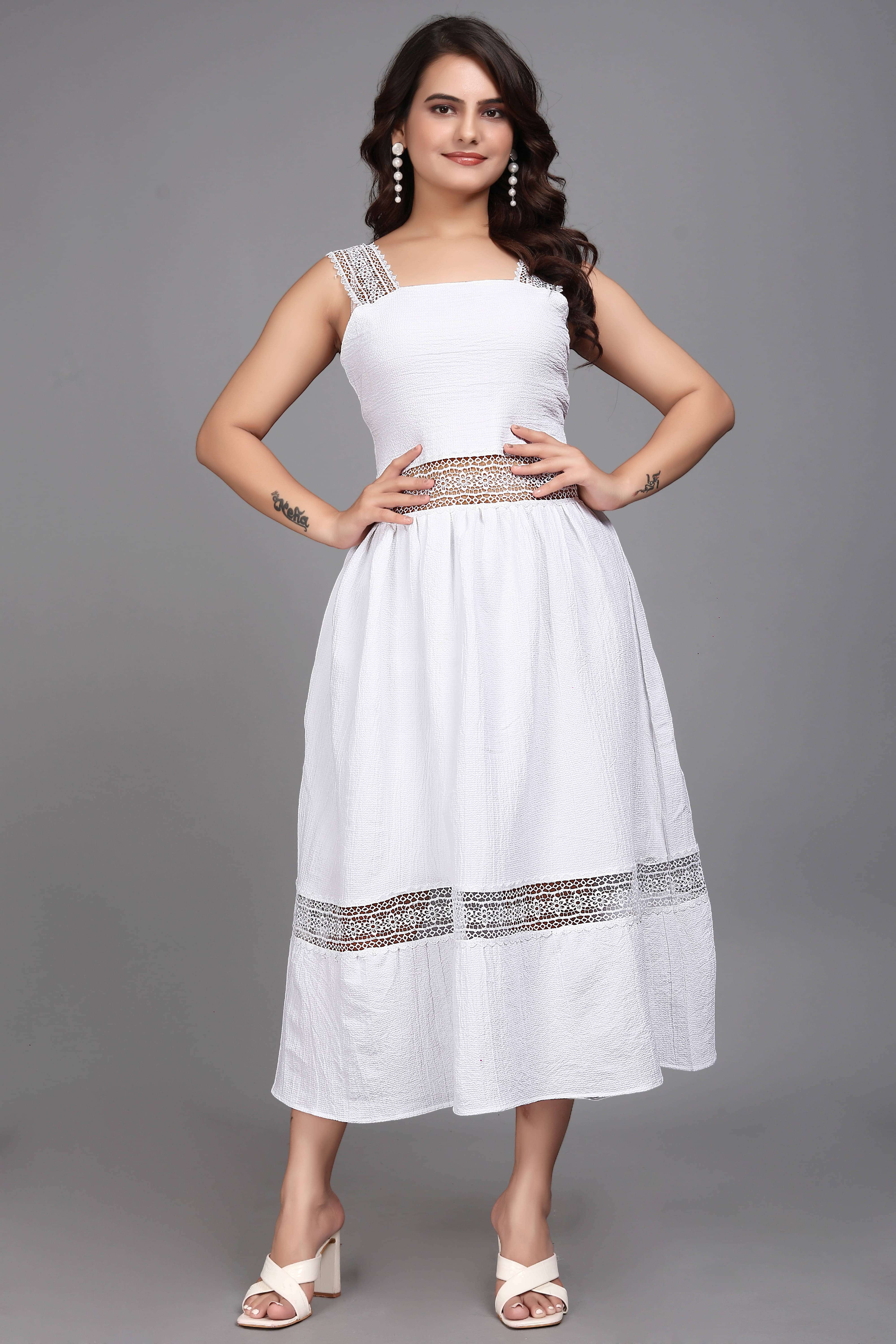     			ZELZIS Women Crepe Crochet Maxi ( White )