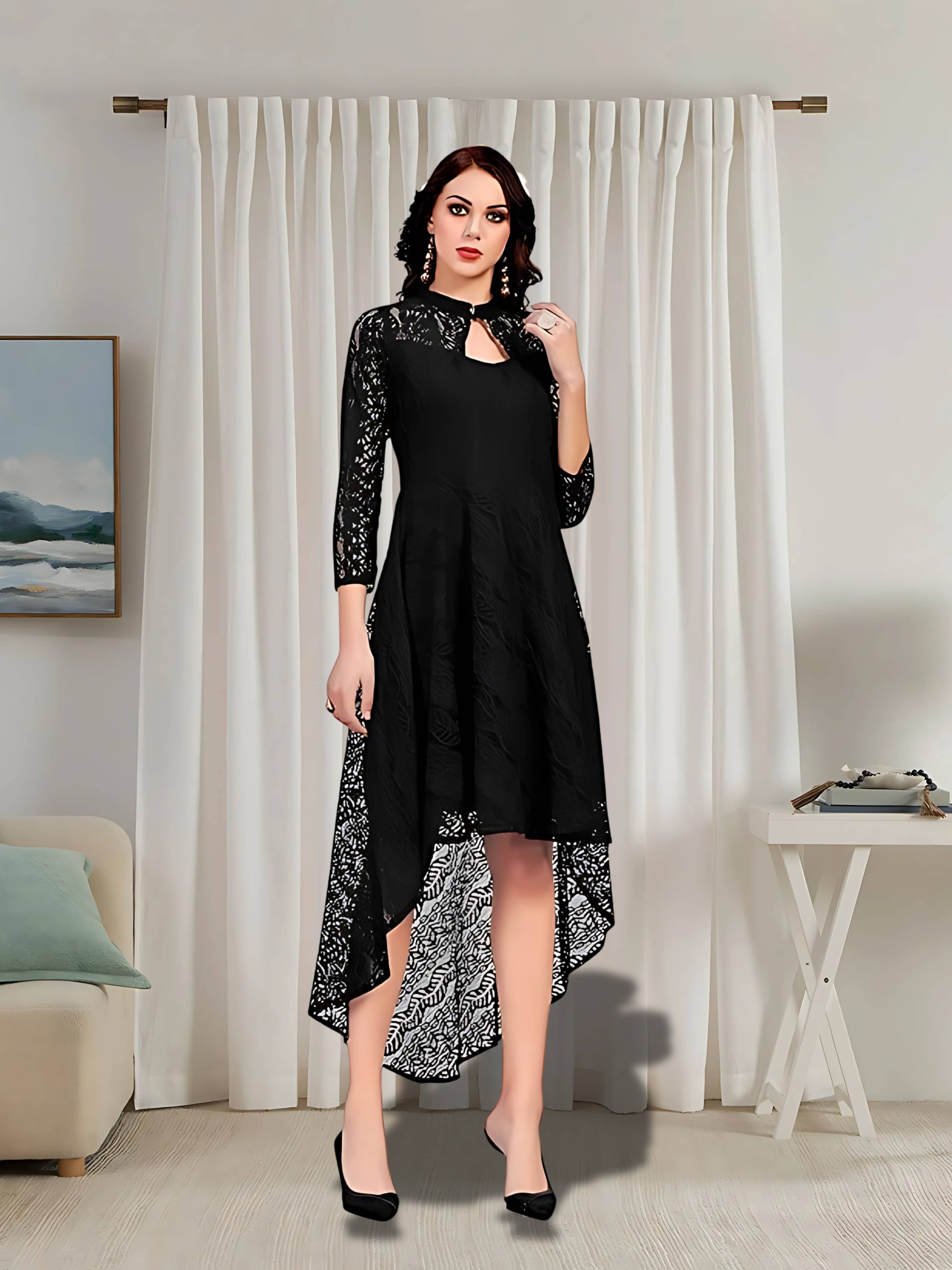 ZELZIS Women Net Self Design A-line Dress ( Black ) ZELZIS Women Net Self Design A-line Dress ( Black )