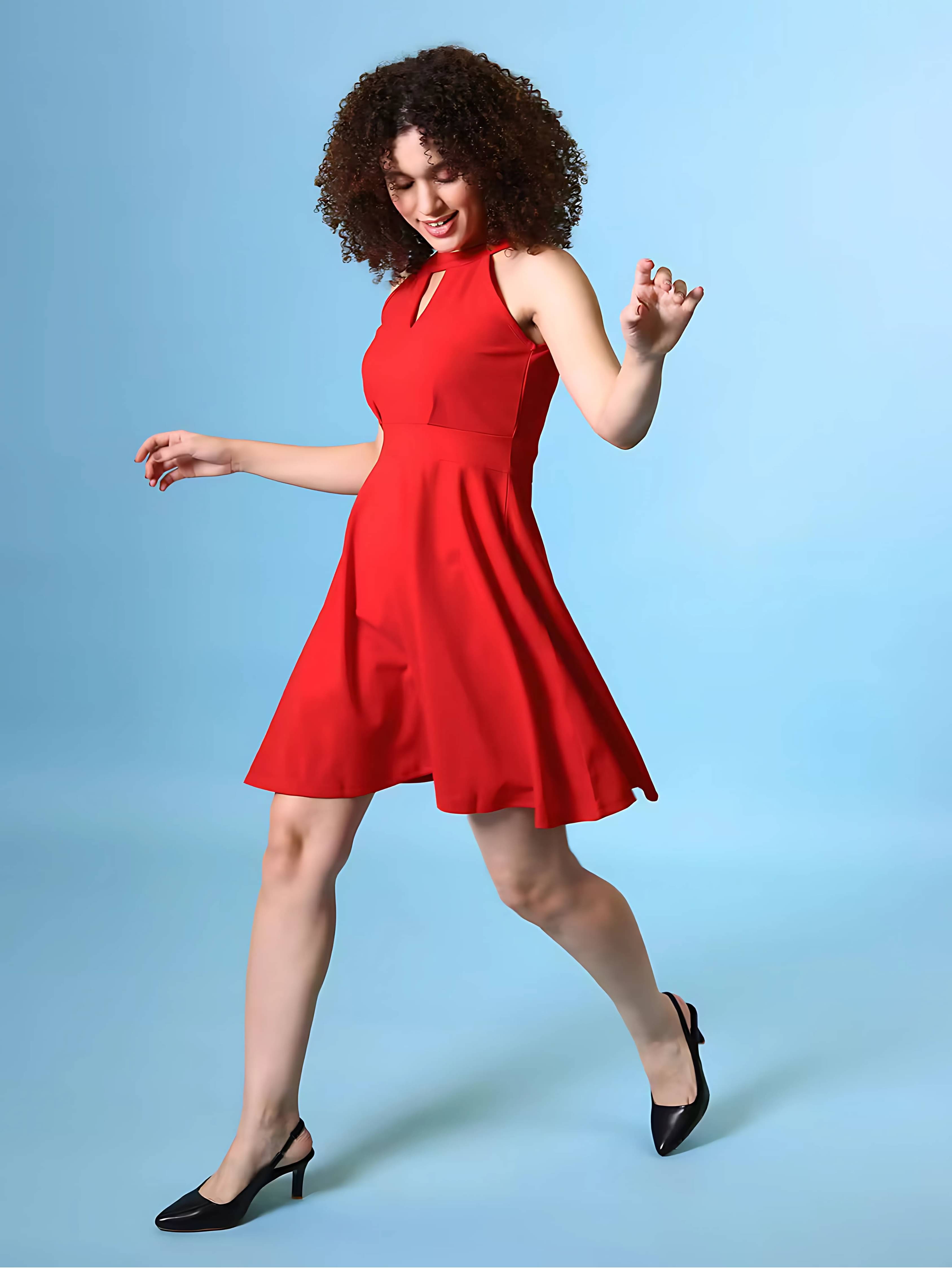 ZELZIS Women Polyester Solid Fit & Flare Dress ( Red ) ZELZIS Women Polyester Solid Fit & Flare Dress ( Red )