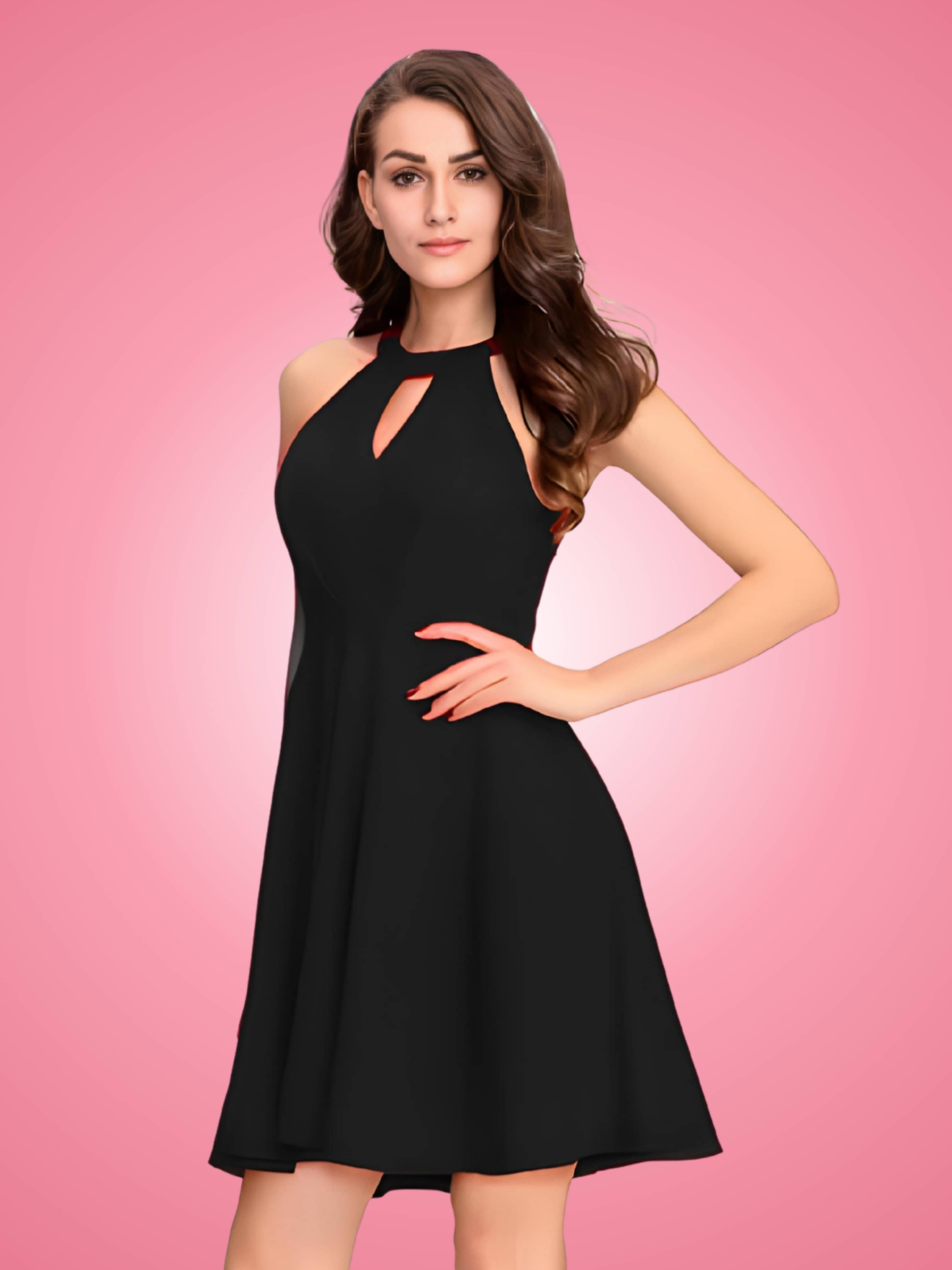 ZELZIS Women Polyester Solid Fit & Flare Dress ( Black )     			ZELZIS Women Polyester Solid Fit & Flare Dress ( Black )