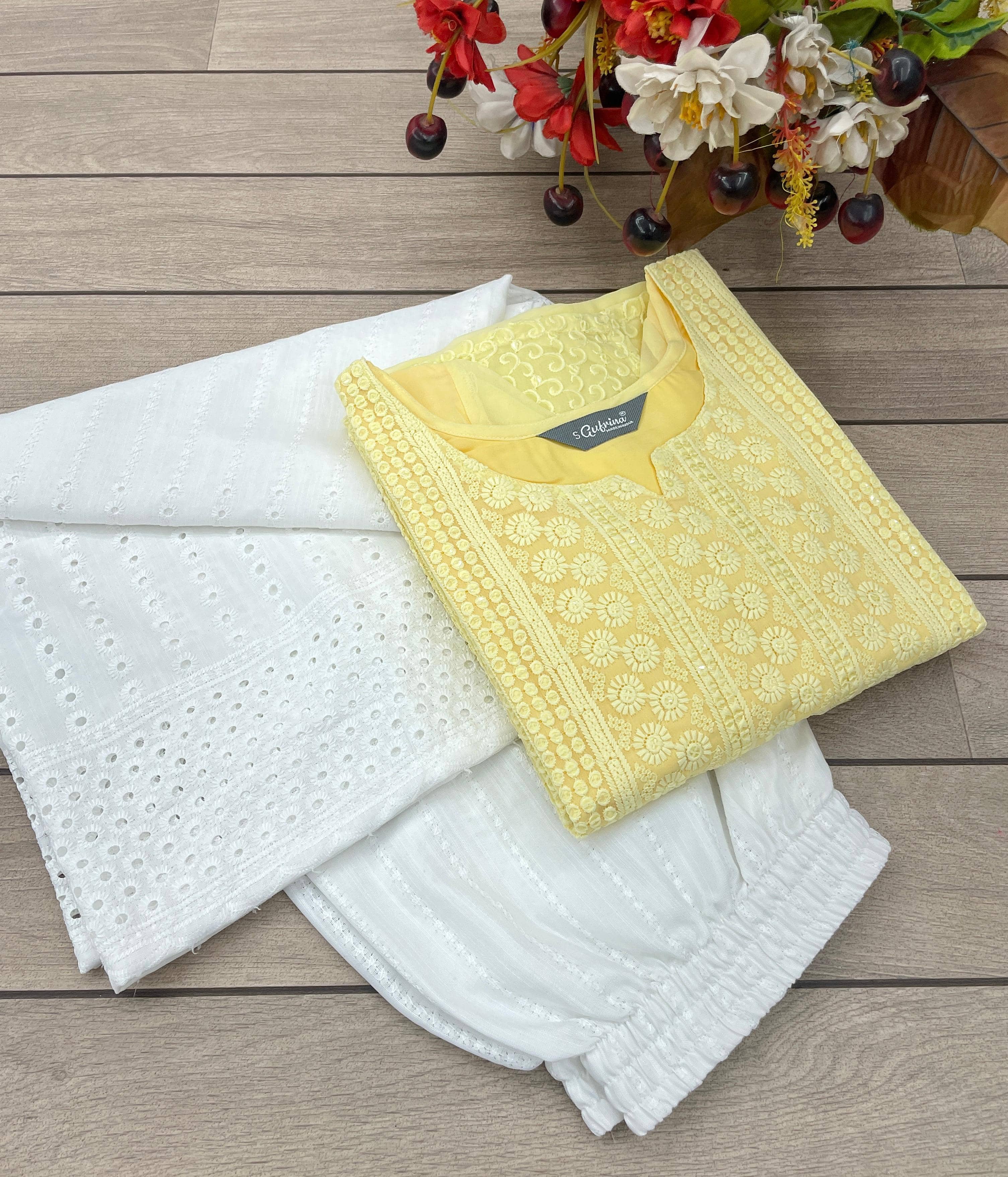 gufrina Women Georgette Embroidered Straight Kurti With Palazzo ( Yellow )