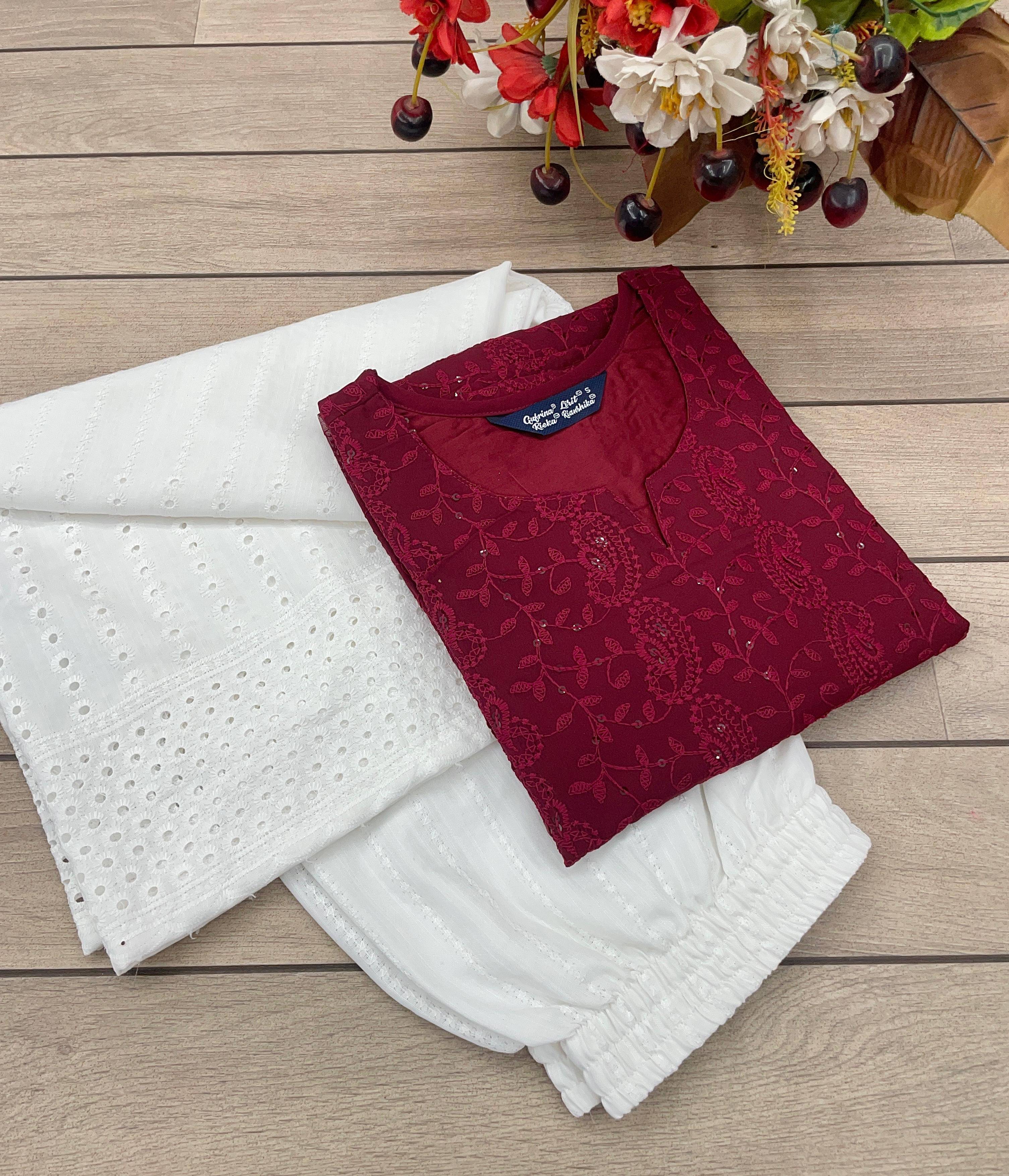     			gufrina Women Georgette Embroidered Straight Kurti With Palazzo ( Maroon )