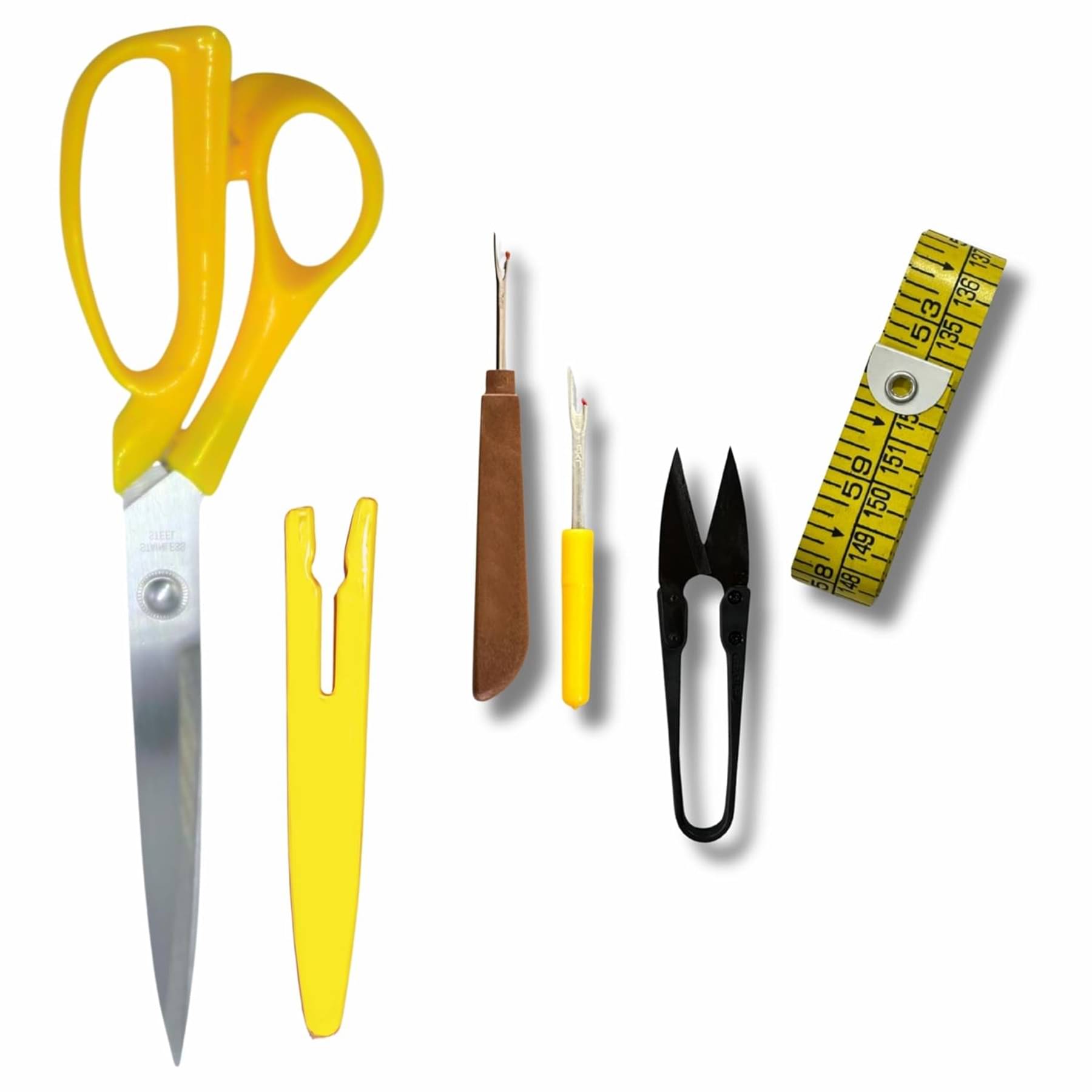 10 Inch Yellow Scissors 2 Seam Rippers, Measuring Tape, Thread Cutter for Fabric 10 Inch Yellow Scissors 2 Seam Rippers, Measuring Tape, Thread Cutter for Fabric