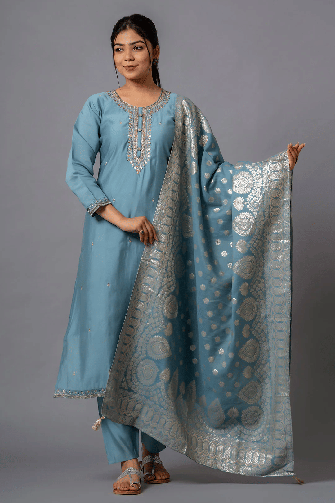     			ARISEN Store Women Chanderi Silk Embroidered Straight Kurti With Pants ( Grey )