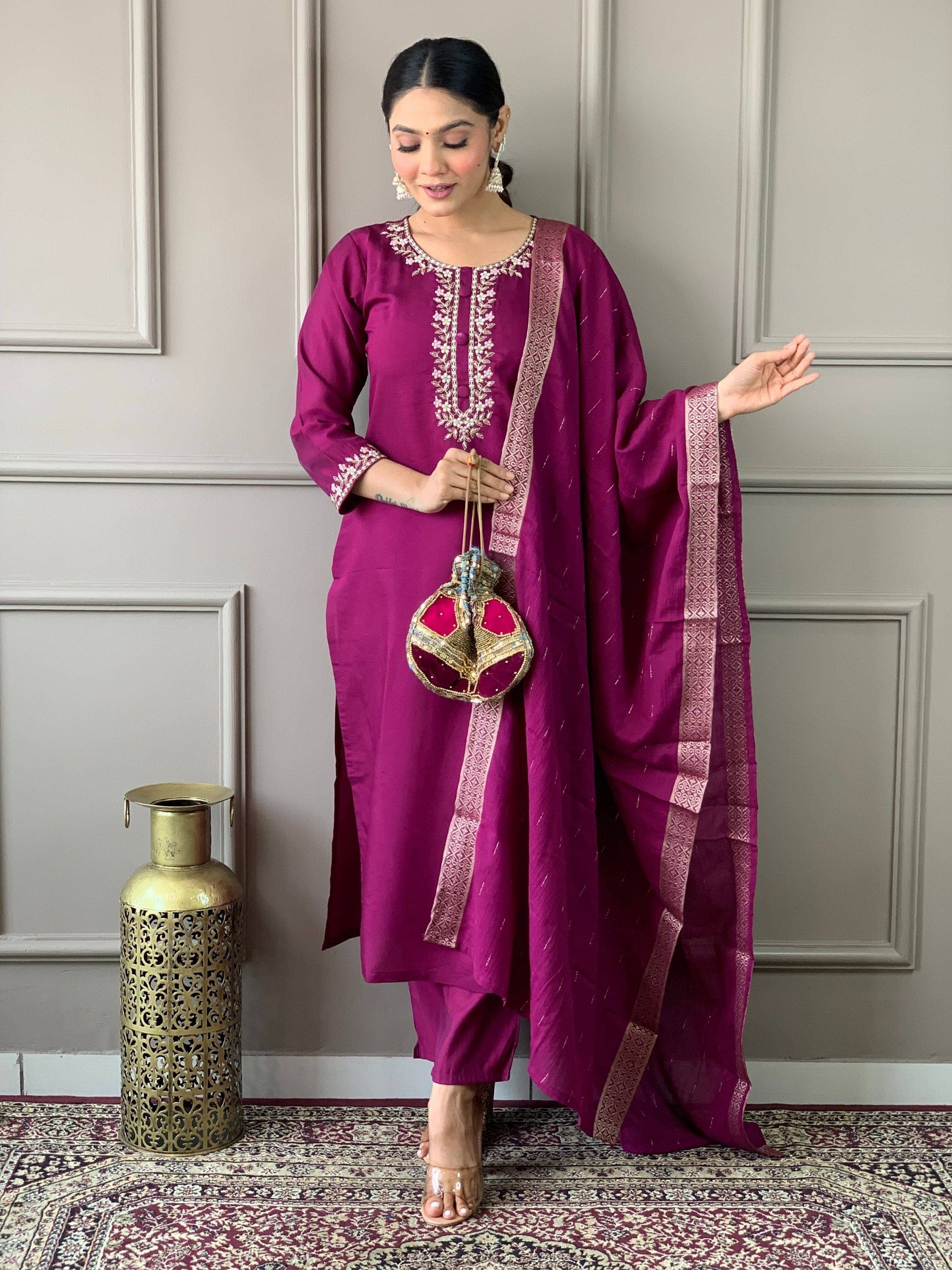 ARISEN Store Women Chanderi Silk Embroidered Straight Kurti With Pants ( Purple ) ARISEN Store Women Chanderi Silk Embroidered Straight Kurti With Pants ( Purple )