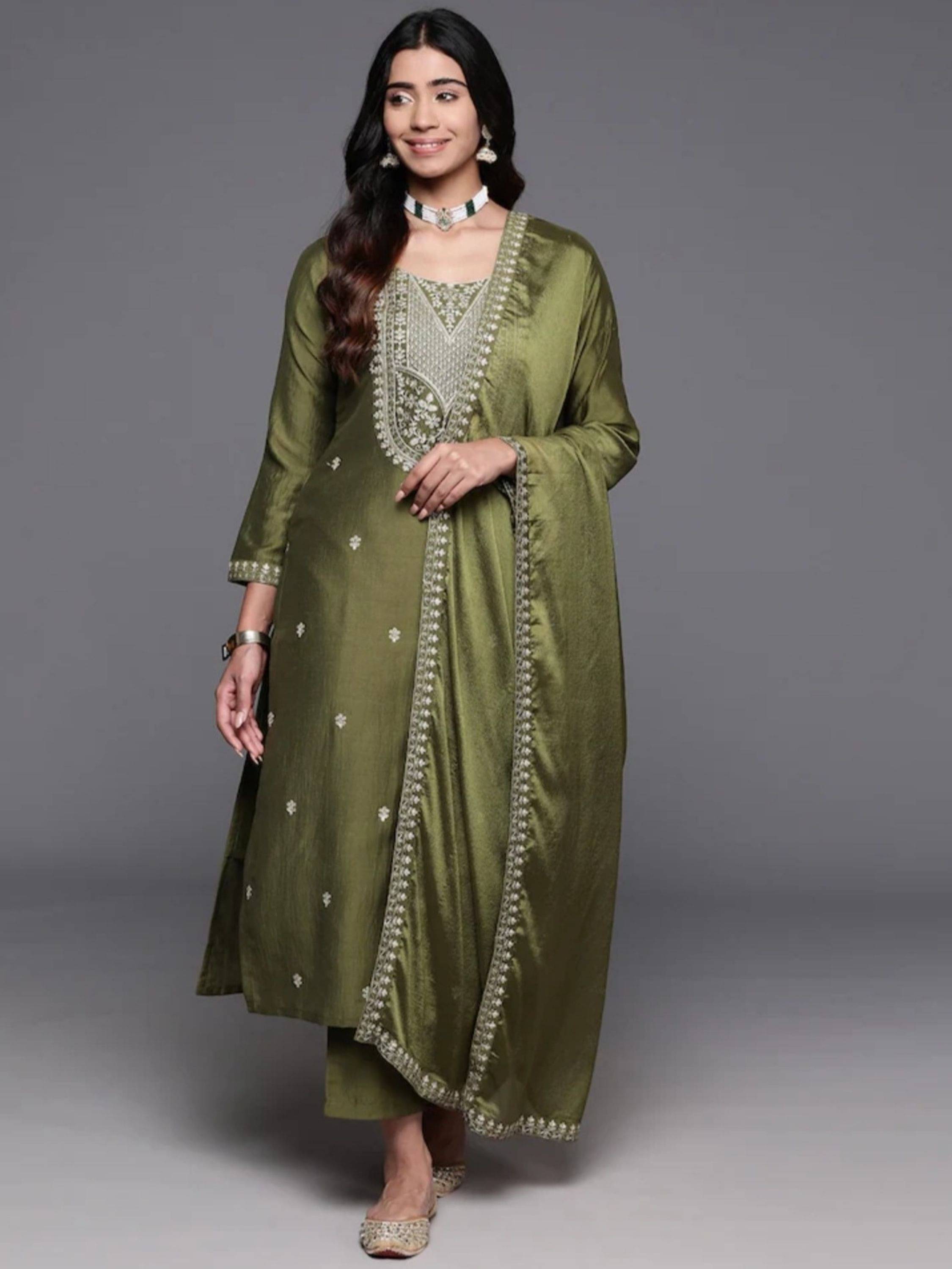 ARISEN Store Women Chanderi Silk Embroidered Straight Kurti With Pants ( Olive ) ARISEN Store Women Chanderi Silk Embroidered Straight Kurti With Pants ( Olive )