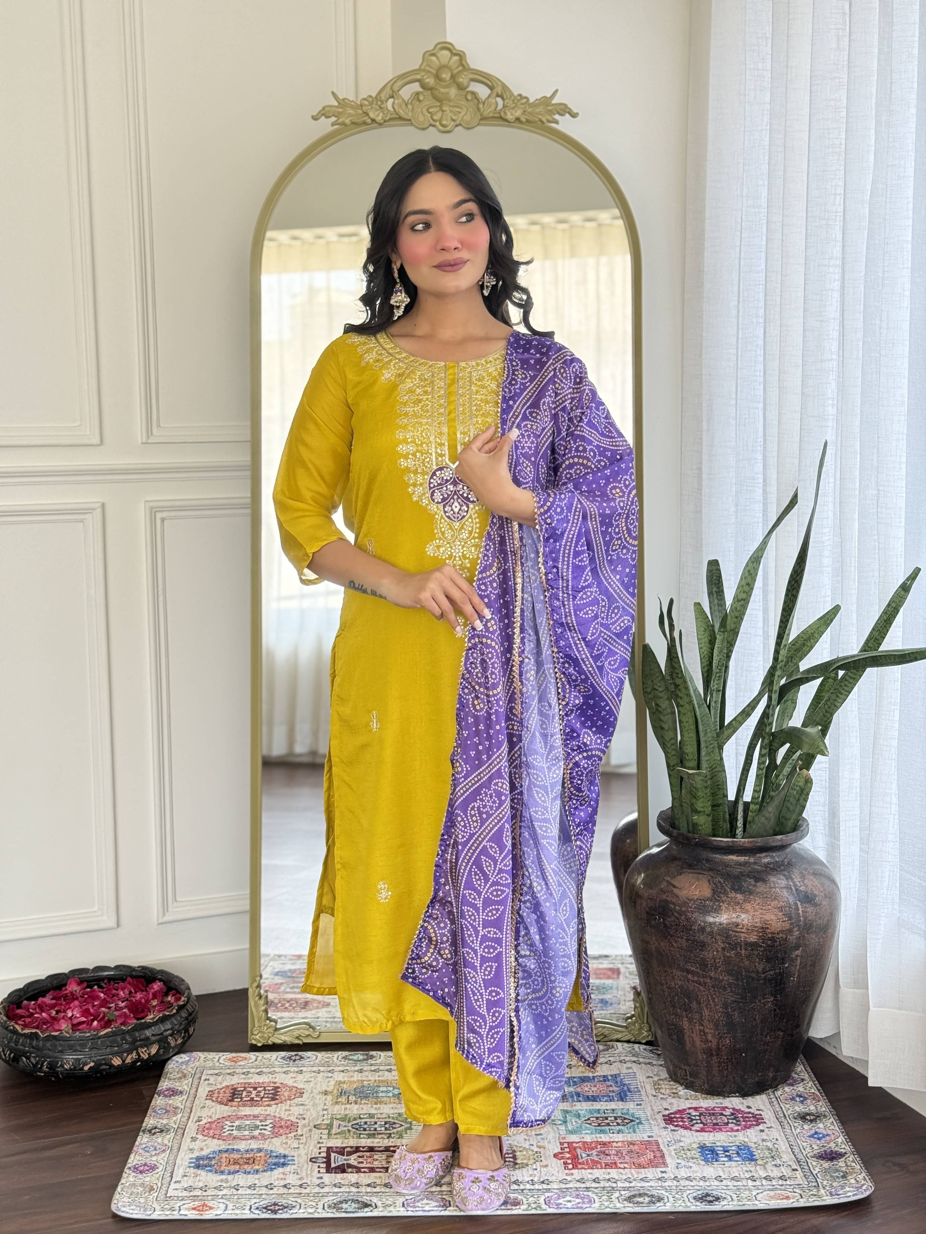 ARISEN Store Women Cotton Silk Embroidered Straight Kurti With Pants ( Yellow ) ARISEN Store Women Cotton Silk Embroidered Straight Kurti With Pants ( Yellow )