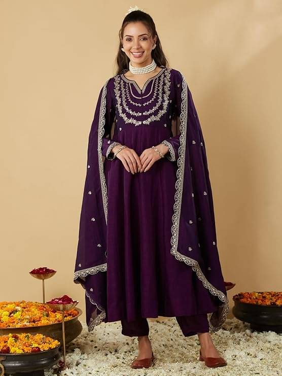     			ARISEN Store Women Silk Blend Embroidered Anarkali Kurti With Pants ( Purple )