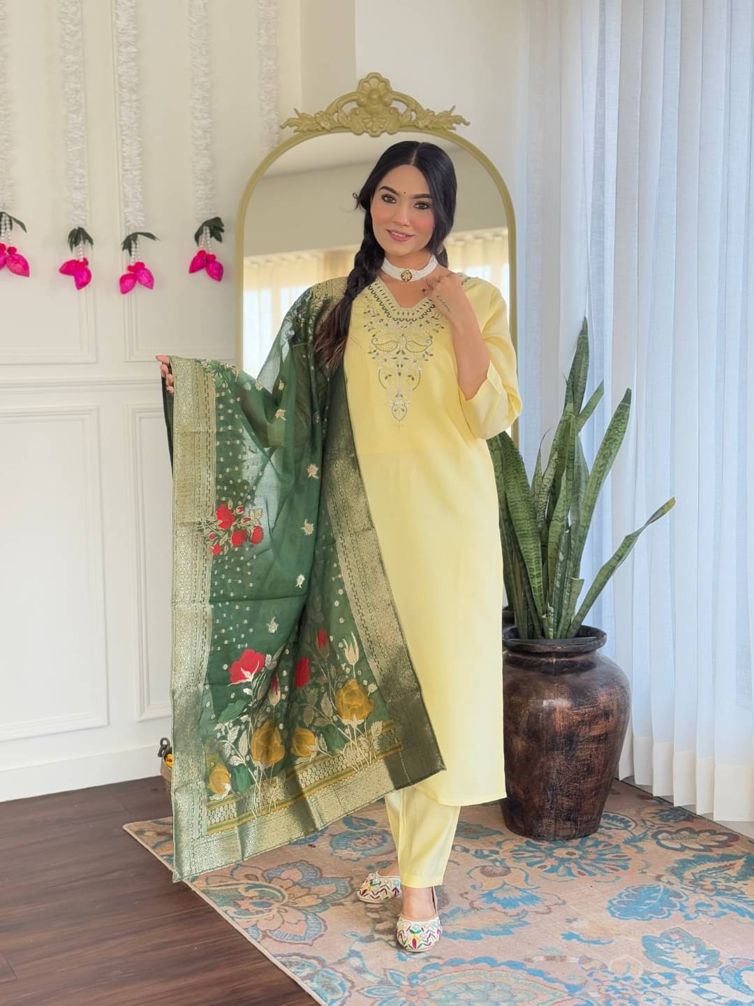 ARISEN Store Women Silk Blend Embellished Straight Kurti With Pants ( Yellow ) ARISEN Store Women Silk Blend Embellished Straight Kurti With Pants ( Yellow )