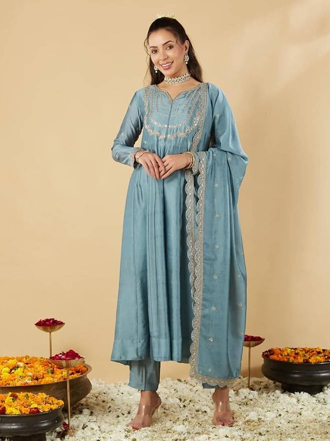     			ARISEN Store Women Silk Blend Embellished Anarkali Kurti With Pants ( Grey )