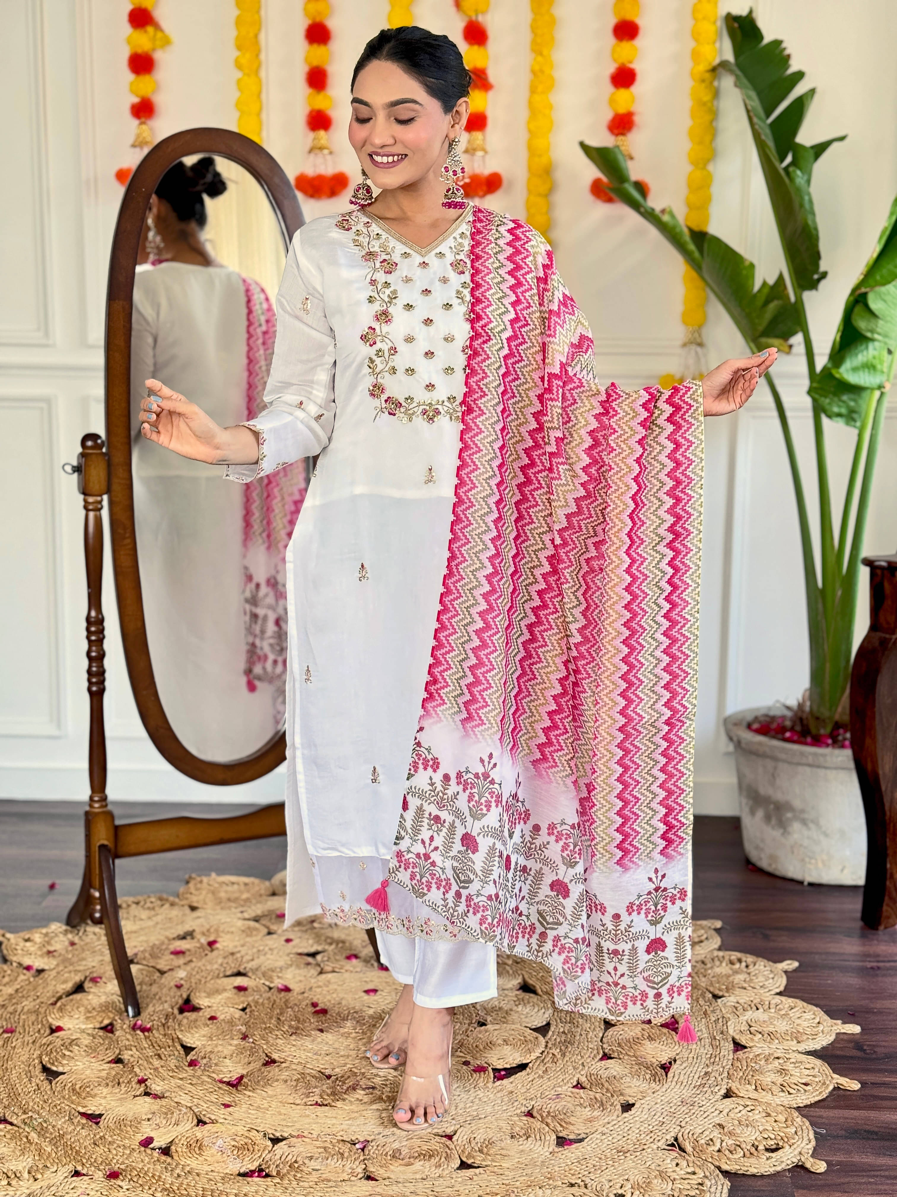     			ARISEN Store Women Viscose Embroidered Straight Kurti With Pants ( White )