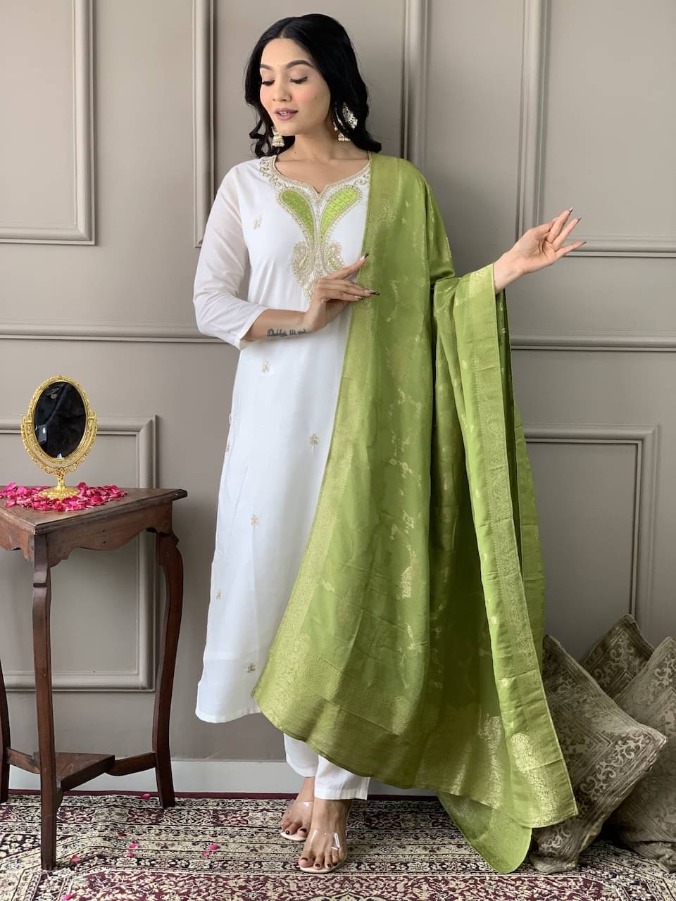     			ARISEN Store Women Viscose Embroidered Straight Kurti With Pants ( White )