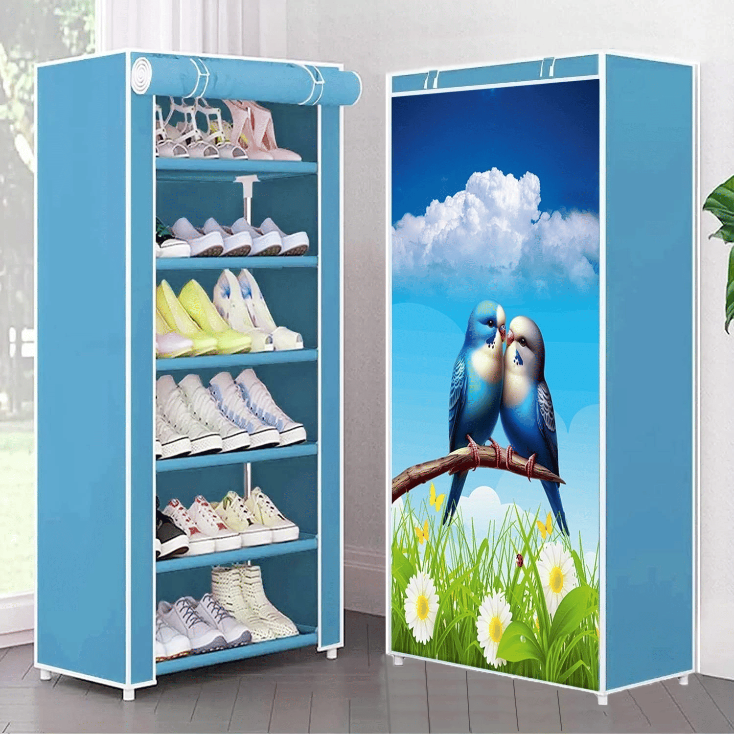     			Collapsible Six Layer Shoe Rack Blue Love Bird