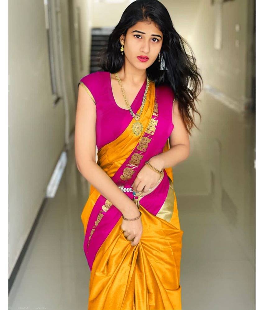     			Dnyanada Cotton Silk Embellished Saree With Unstitched Blouse Piece ( Orange )