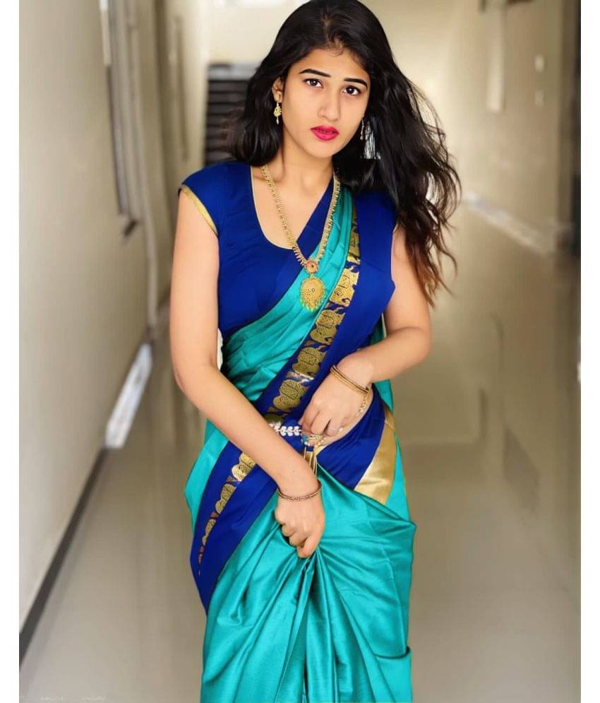 Dnyanada Cotton Silk Embellished Saree With Unstitched Blouse Piece ( Light Blue ) Dnyanada Cotton Silk Embellished Saree With Unstitched Blouse Piece ( Light Blue )