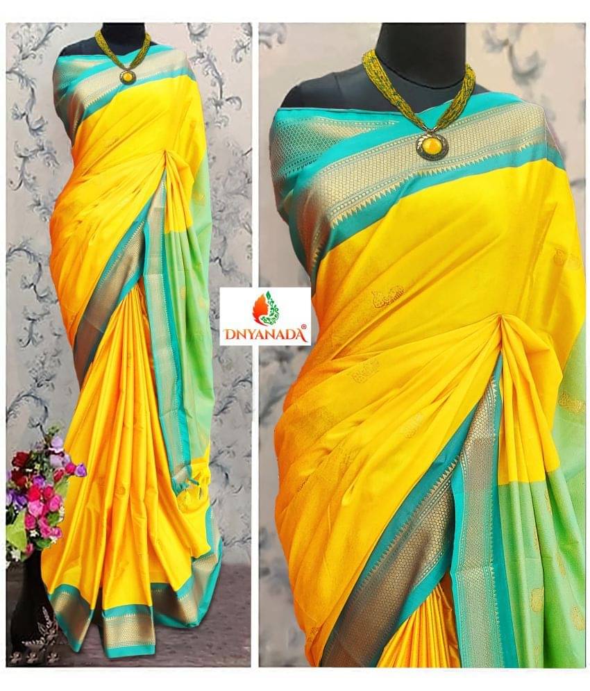 Dnyanada Cotton Silk Embellished Saree With Unstitched Blouse Piece ( Yellow ) Dnyanada Cotton Silk Embellished Saree With Unstitched Blouse Piece ( Yellow )