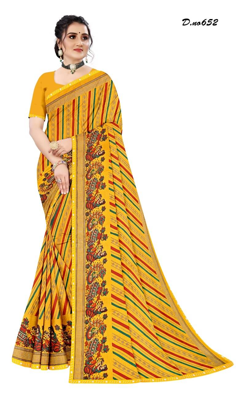 Dwarkapuri Fashion Georgette Printed Saree With Unstitched Blouse Piece ( Yellow ) Dwarkapuri Fashion Georgette Printed Saree With Unstitched Blouse Piece ( Yellow )