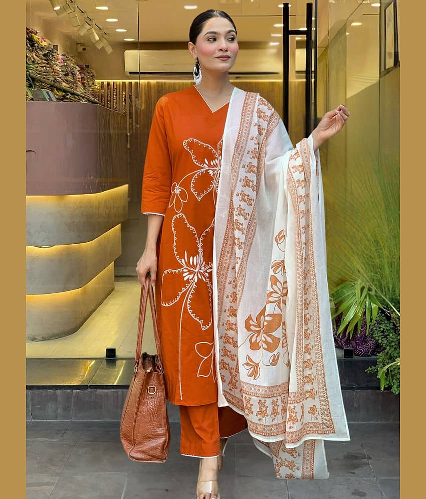 Eeloo Women Rayon Embroidered Straight Kurti With Pants ( Orange )
