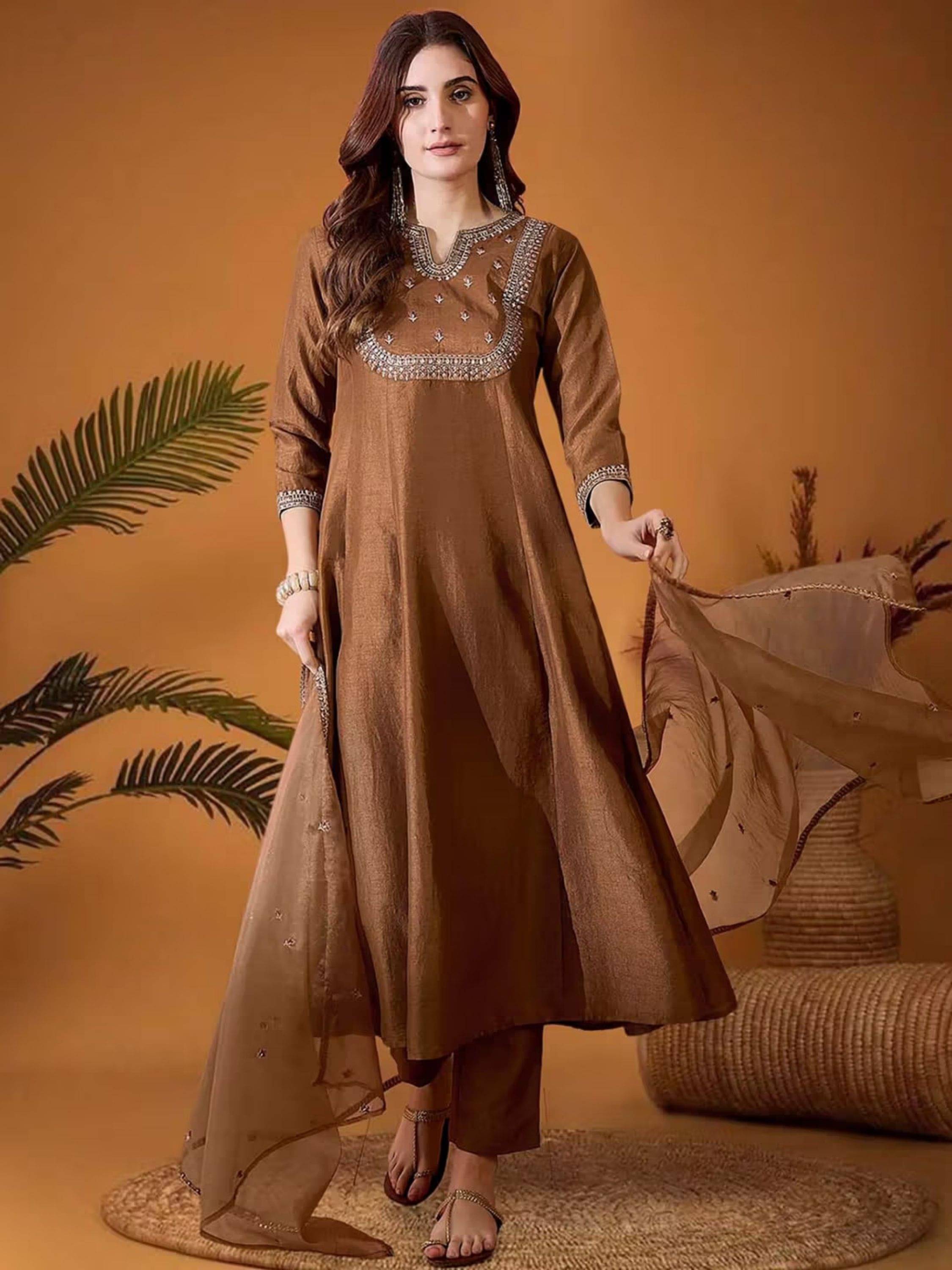 Eeloo Women Silk Embellished Anarkali Kurti With Pants ( Brown ) Eeloo Women Silk Embellished Anarkali Kurti With Pants ( Brown )