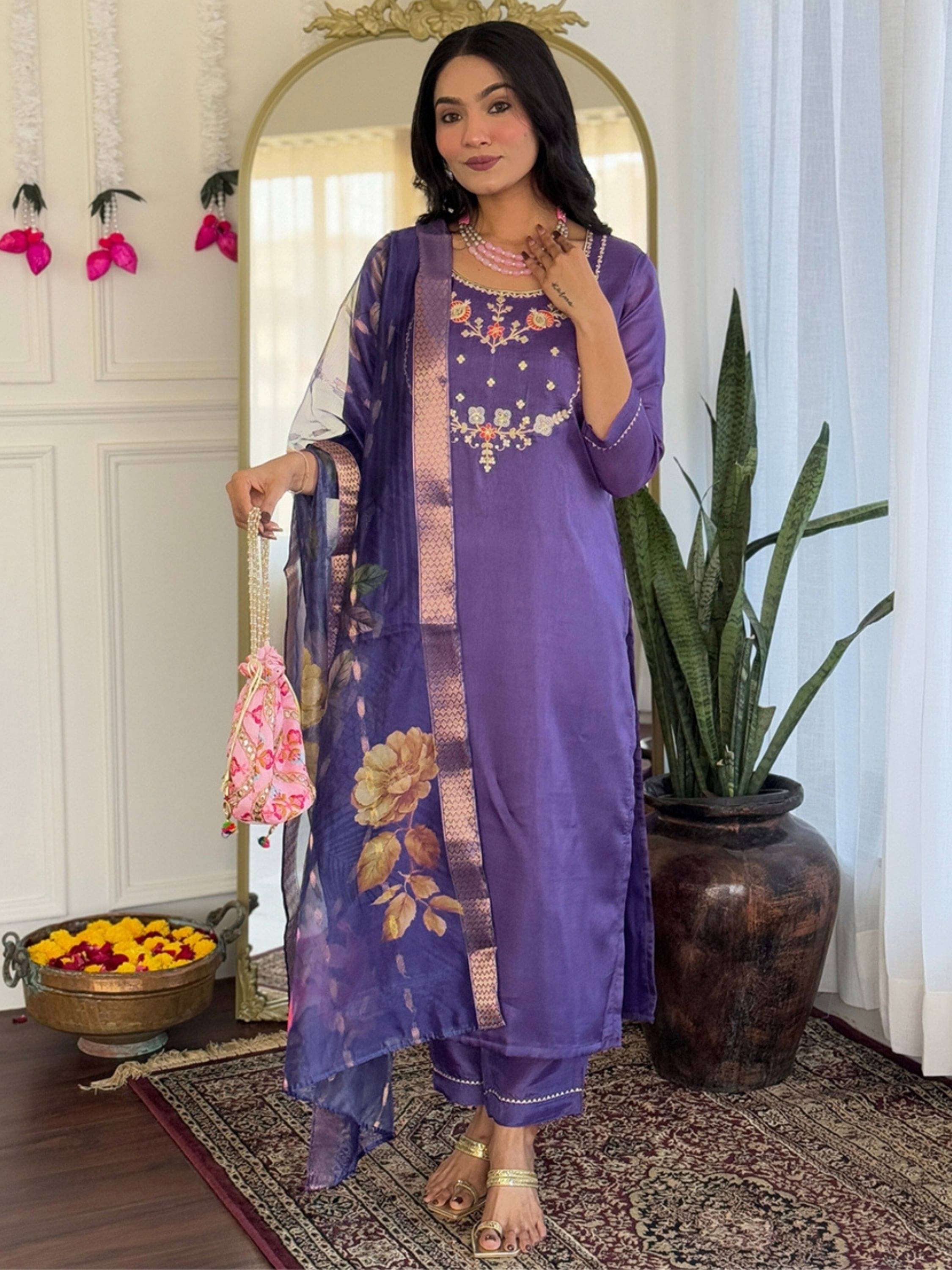     			Eeloo Women Viscose Embellished Straight Kurti With Pants ( Purple )