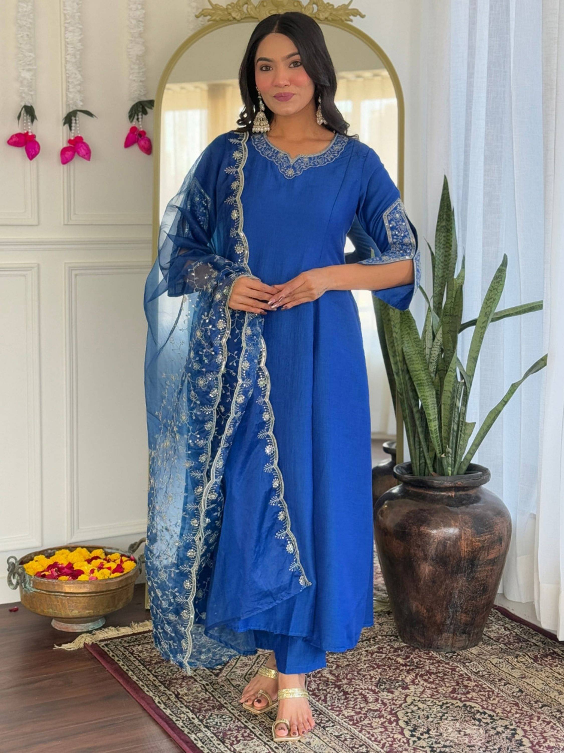 Eeloo Women Viscose Embroidered Flared Kurti With Pants ( Blue ) Eeloo Women Viscose Embroidered Flared Kurti With Pants ( Blue )
