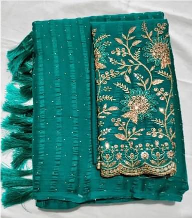JASHALFAB Chiffon Embellished Saree With Unstitched Blouse Piece ( Teal ) JASHALFAB Chiffon Embellished Saree With Unstitched Blouse Piece ( Teal )