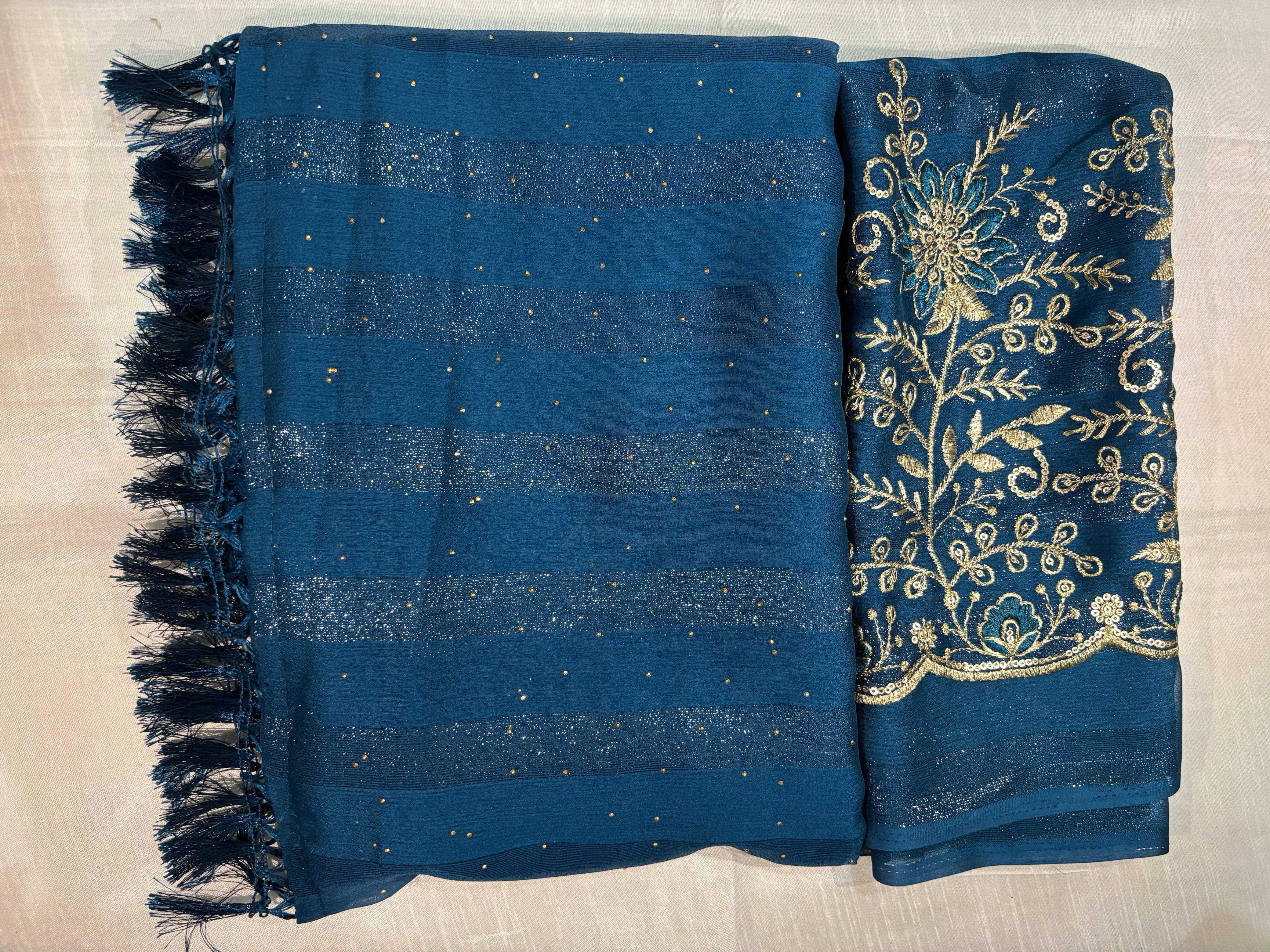     			JASHALFAB Chiffon Embellished Saree With Unstitched Blouse Piece ( Teal )