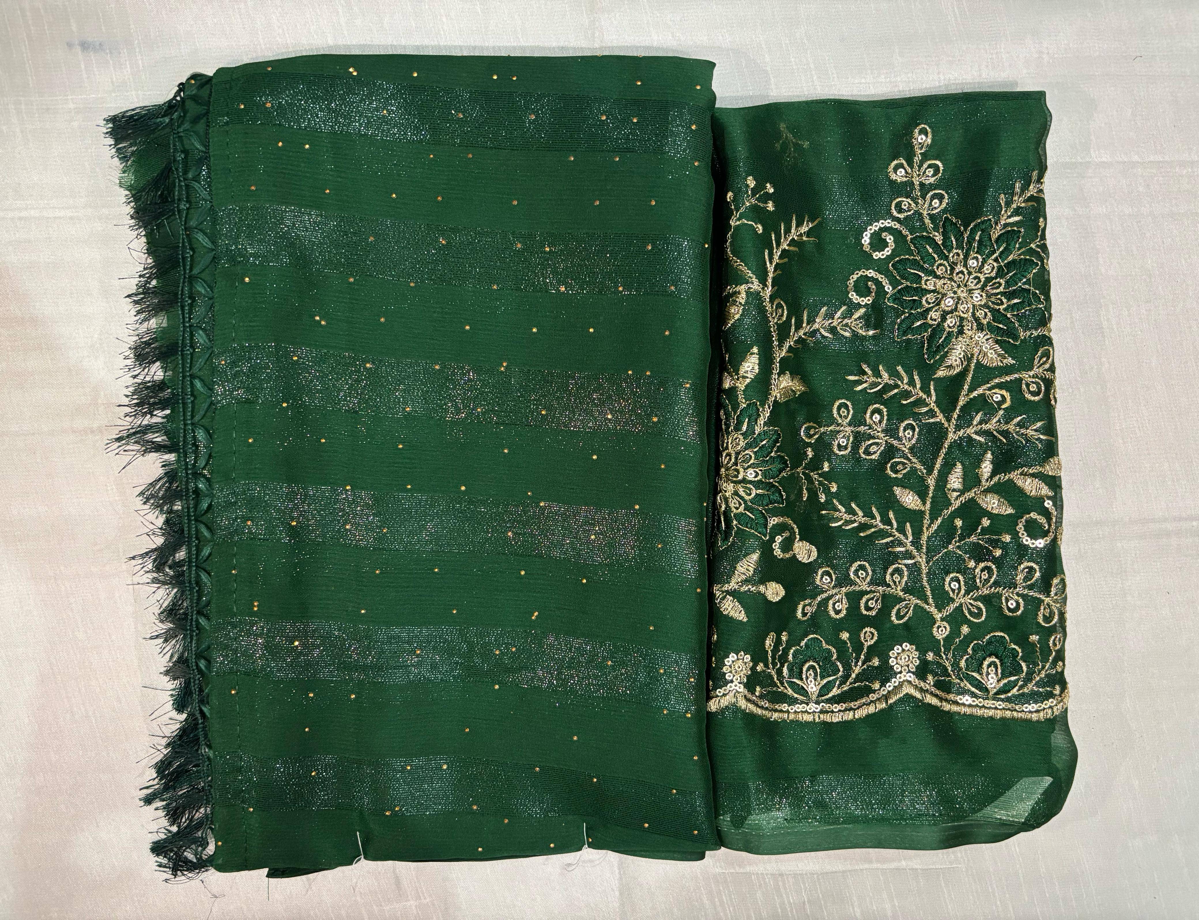 JASHALFAB Chiffon Embellished Saree With Unstitched Blouse Piece ( Green ) JASHALFAB Chiffon Embellished Saree With Unstitched Blouse Piece ( Green )