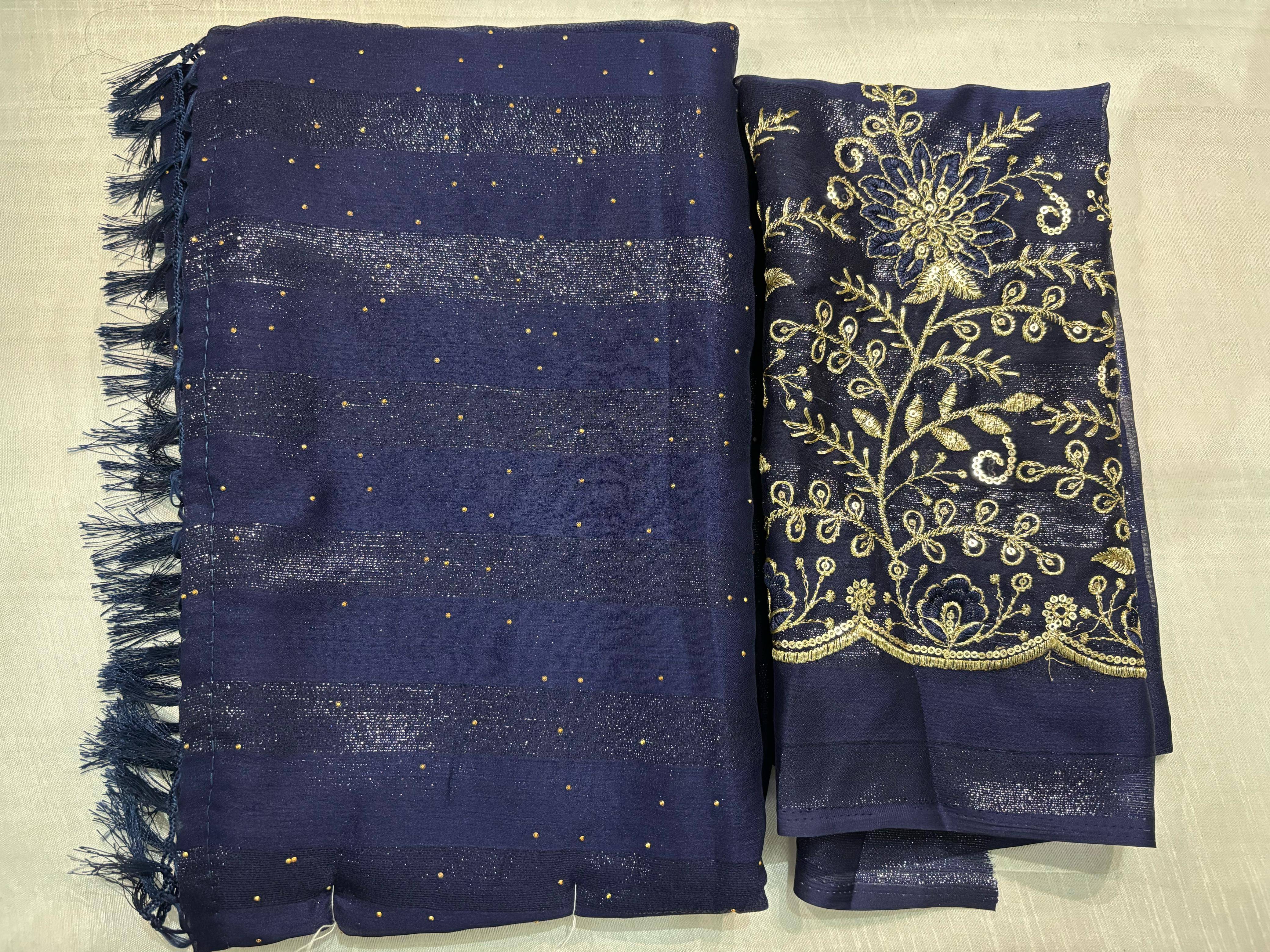 JASHALFAB Chiffon Embellished Saree With Unstitched Blouse Piece ( Blue ) JASHALFAB Chiffon Embellished Saree With Unstitched Blouse Piece ( Blue )