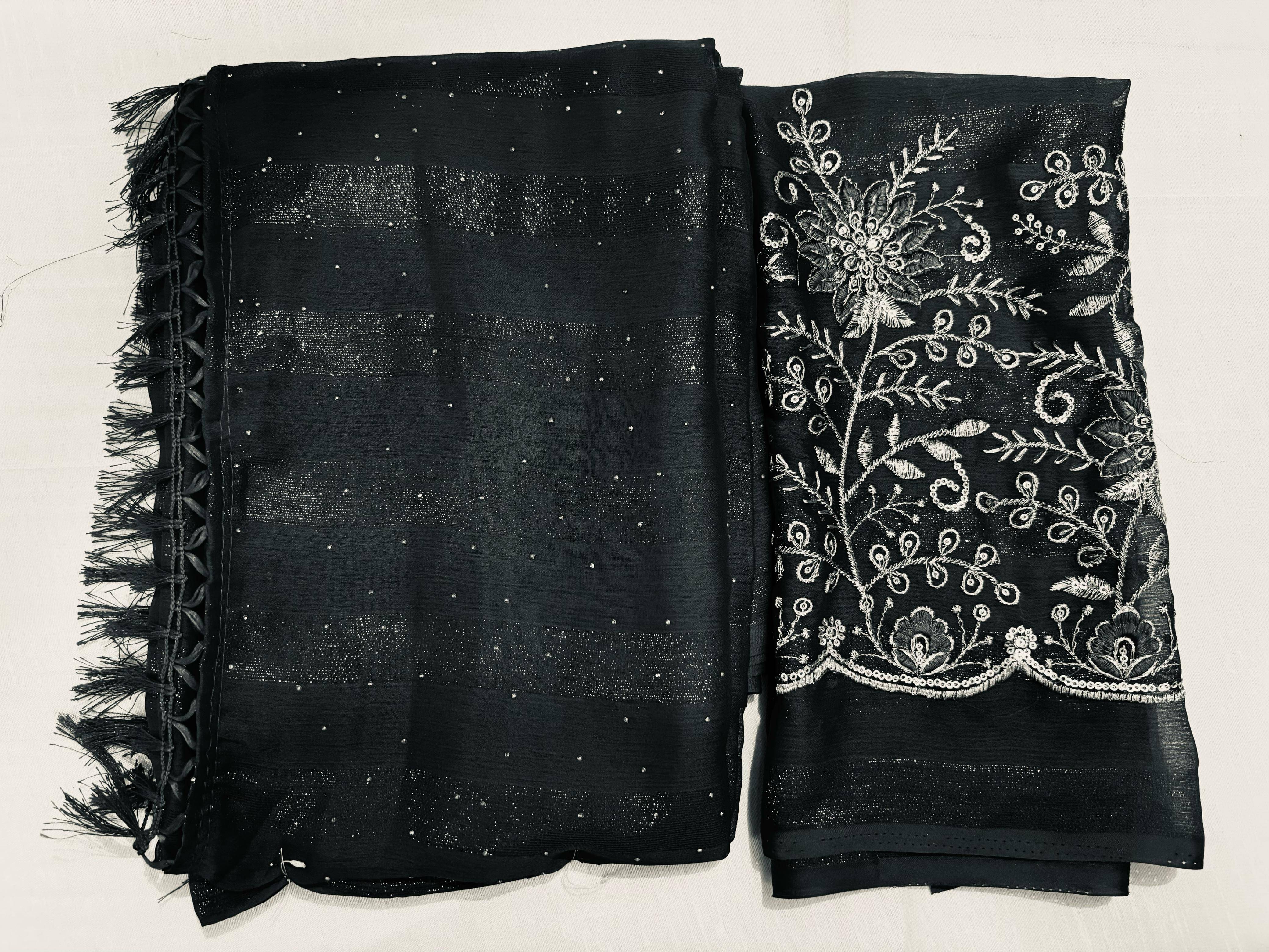 JASHALFAB Chiffon Embellished Saree With Unstitched Blouse Piece ( Black )     			JASHALFAB Chiffon Embellished Saree With Unstitched Blouse Piece ( Black )