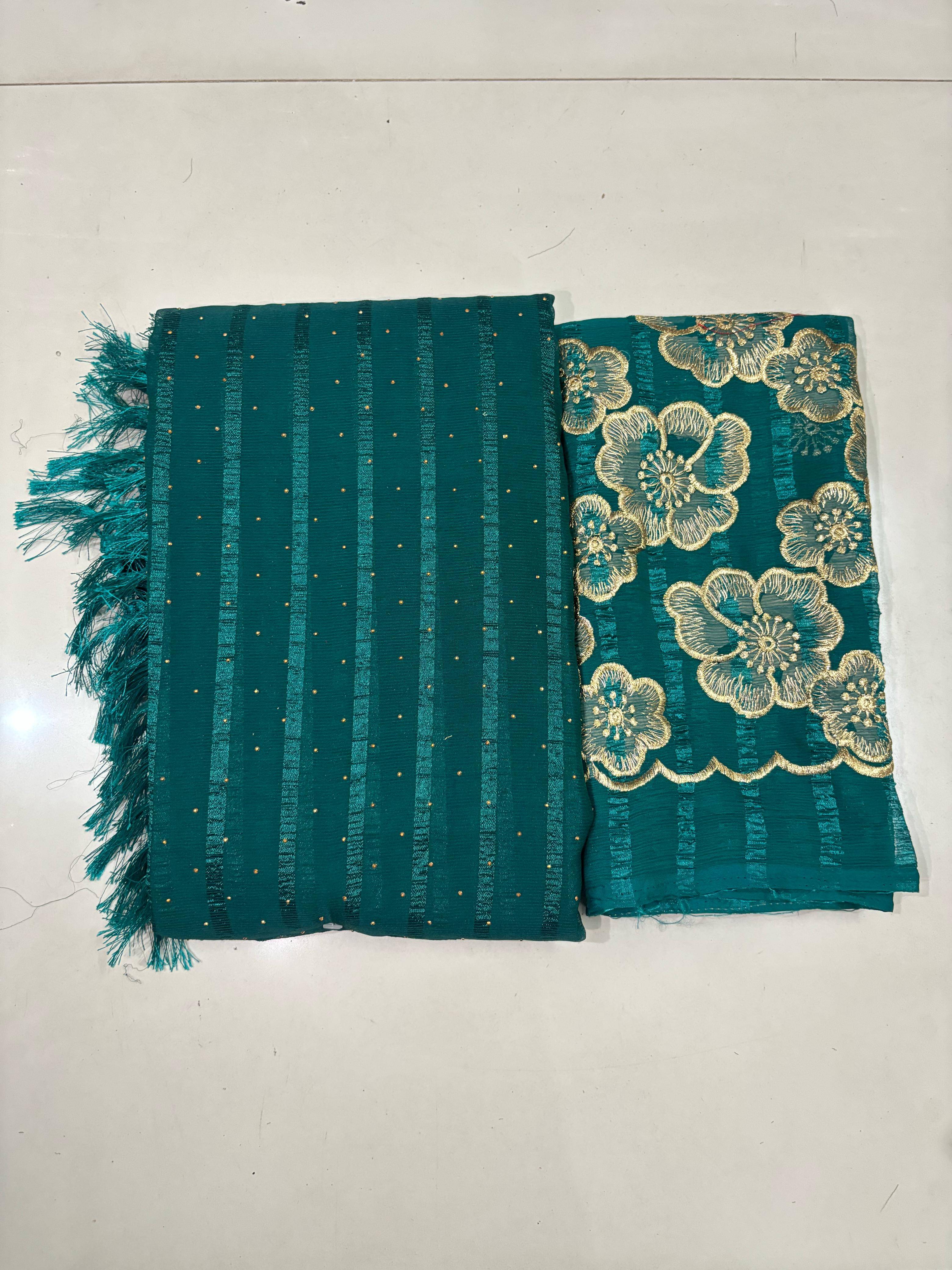 JASHALFAB Chiffon Embellished Saree With Unstitched Blouse Piece ( Teal )     			JASHALFAB Chiffon Embellished Saree With Unstitched Blouse Piece ( Teal )