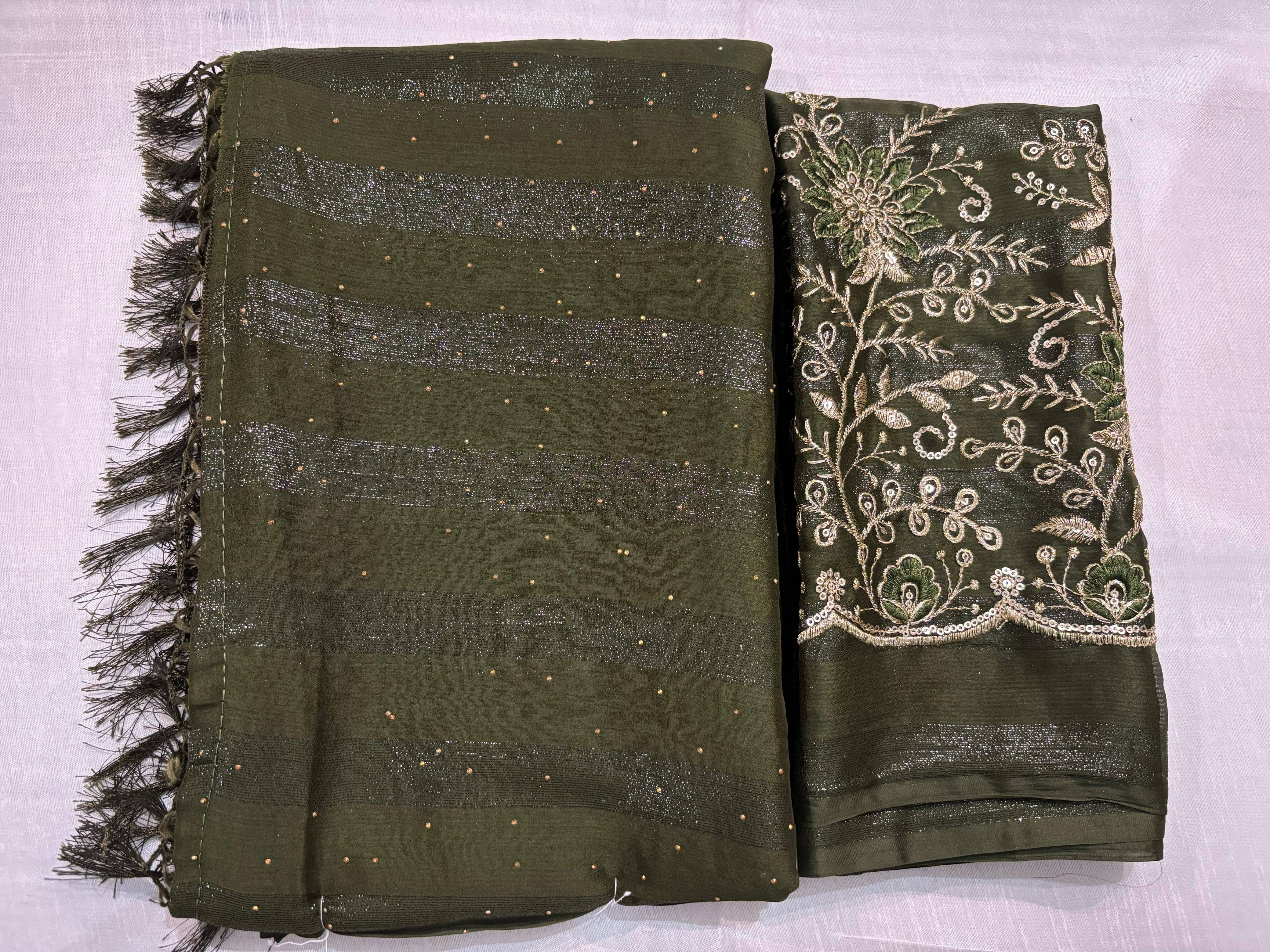 JASHALFAB Chiffon Embellished Saree With Unstitched Blouse Piece ( Green )     			JASHALFAB Chiffon Embellished Saree With Unstitched Blouse Piece ( Green )