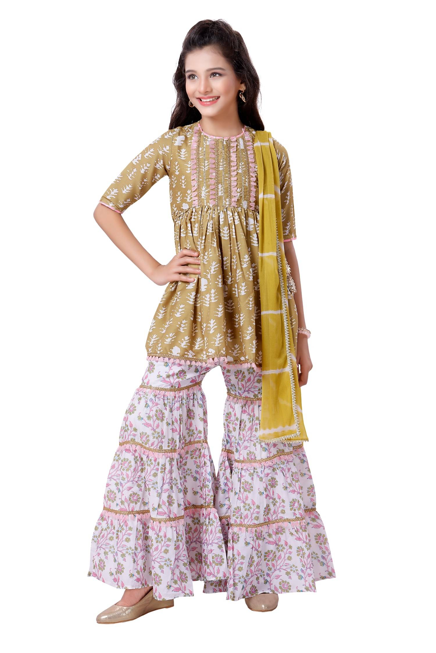 MASTARANG Girls Polyester Kurti with Sharara ( Pack of 1 , Golden ) MASTARANG Girls Polyester Kurti with Sharara ( Pack of 1 , Golden )