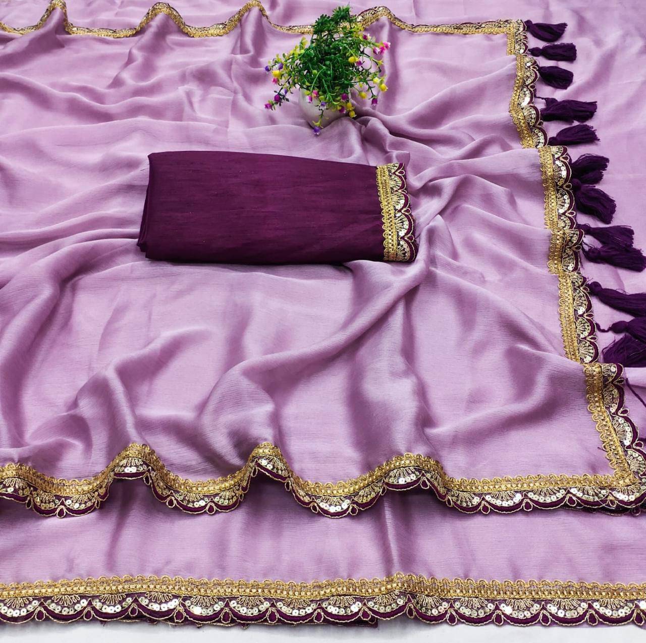     			Sundhaji Trends Chiffon Solid Saree With Unstitched Blouse Piece ( Purple )