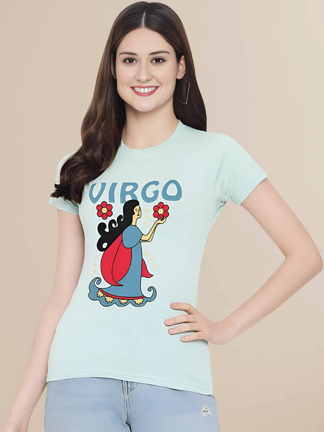     			Tromko Women Cotton Printed Regular Round Neck T-Shirt ( Light Blue )