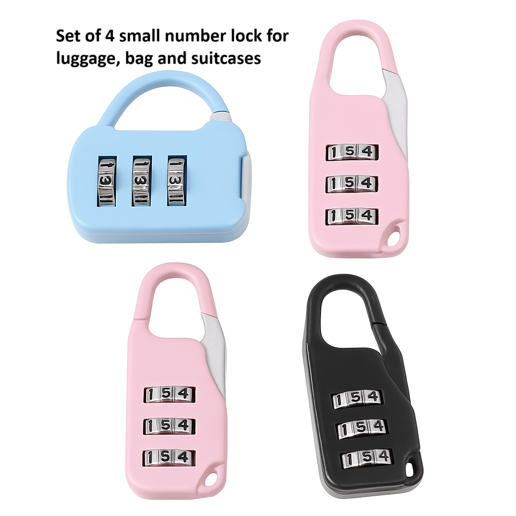     			Unikkus Set of 4 number locks , Small 3 Digits safety number combination lock for luggage, Bag, Travelling padlock