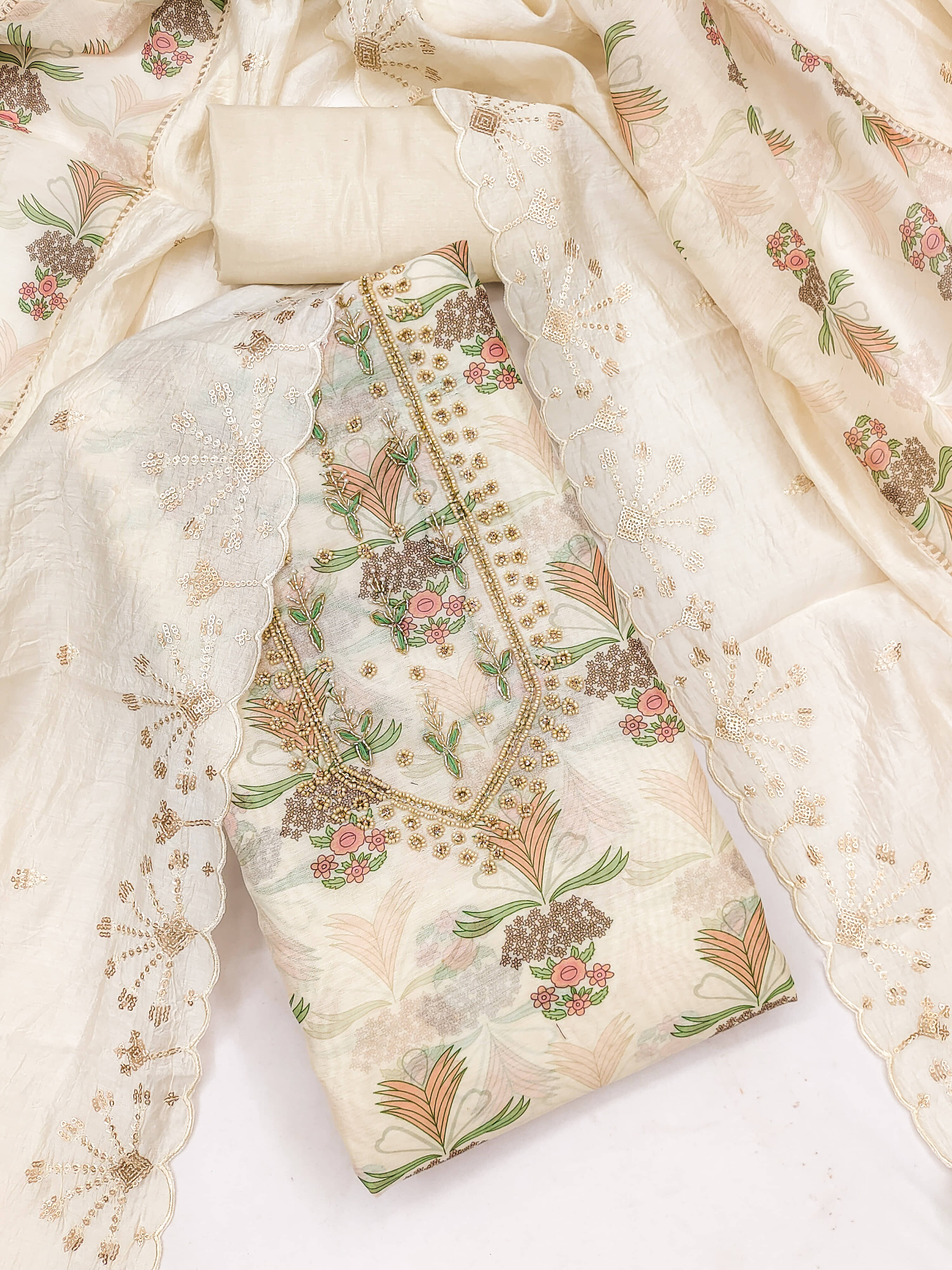 VEDANT VASTRAM Women Chanderi Unstitched Dress Material ( Off White ) - Unstitched Fabrics | Buy online on ZillyBuy