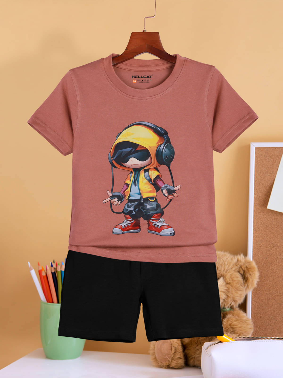     			HELLCAT Pack of 1 Boys Cotton Blend T-Shirt & Shorts Set ( Brown )