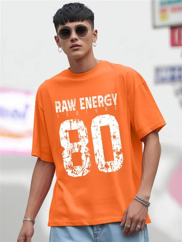 Leotude Men Cotton Blend Oversized Fit Printed T-Shirt ( Orange )
