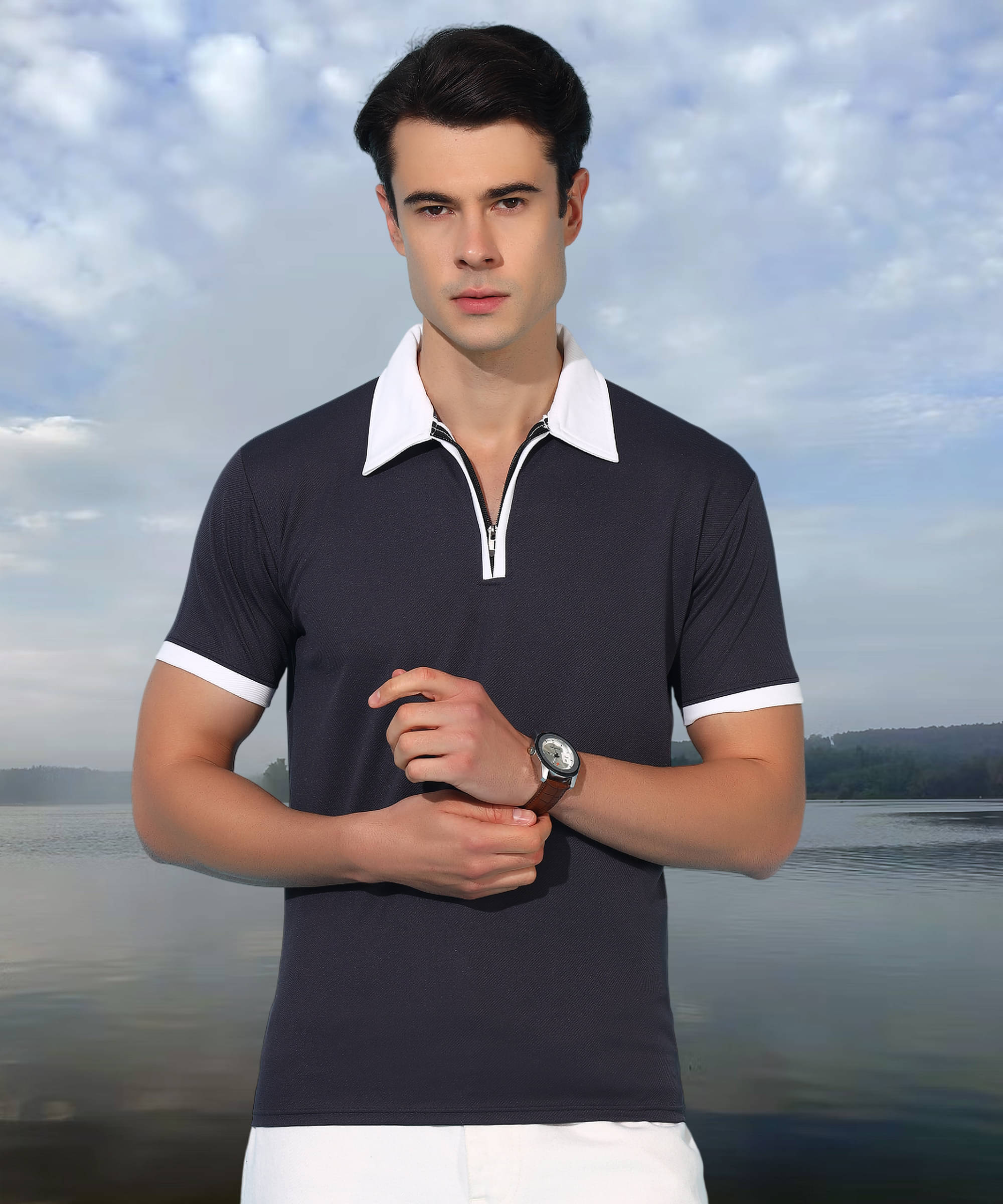     			MODYOUNG Men Cotton Blend Regular Fit Solid Polo T Shirt ( Dark Grey )