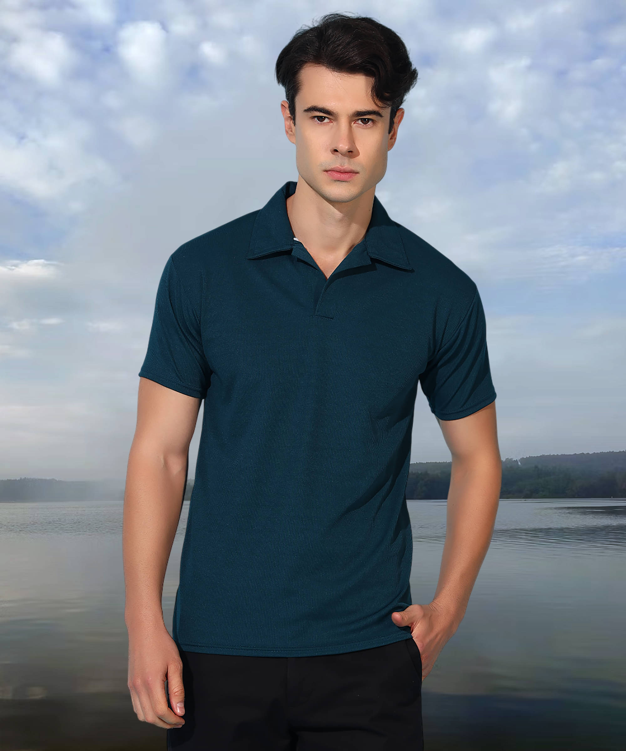     			MODYOUNG Men Cotton Blend Regular Fit Solid Polo T Shirt ( Teal Blue )