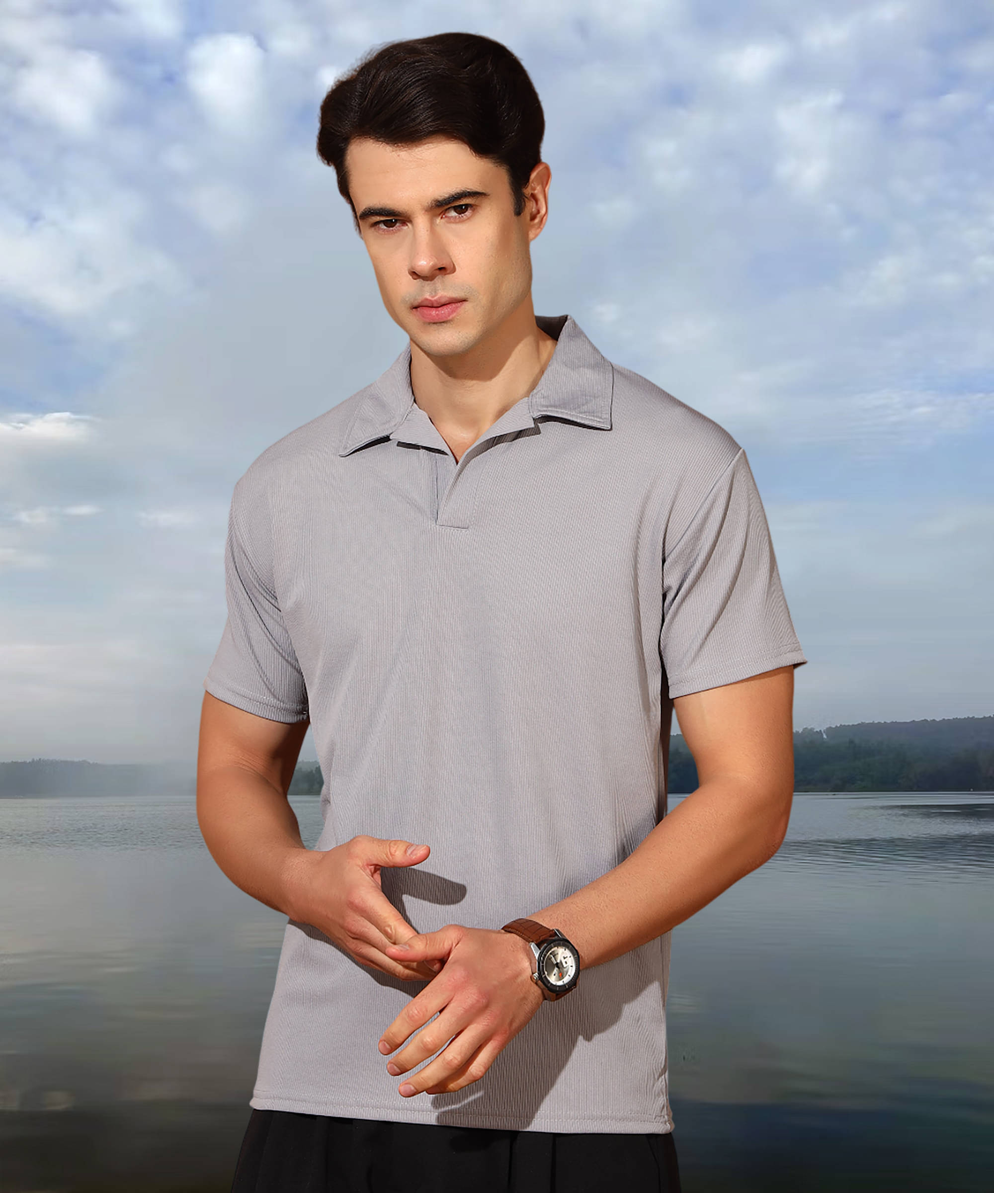     			MODYOUNG Men Cotton Blend Regular Fit Solid Polo T Shirt ( Grey )