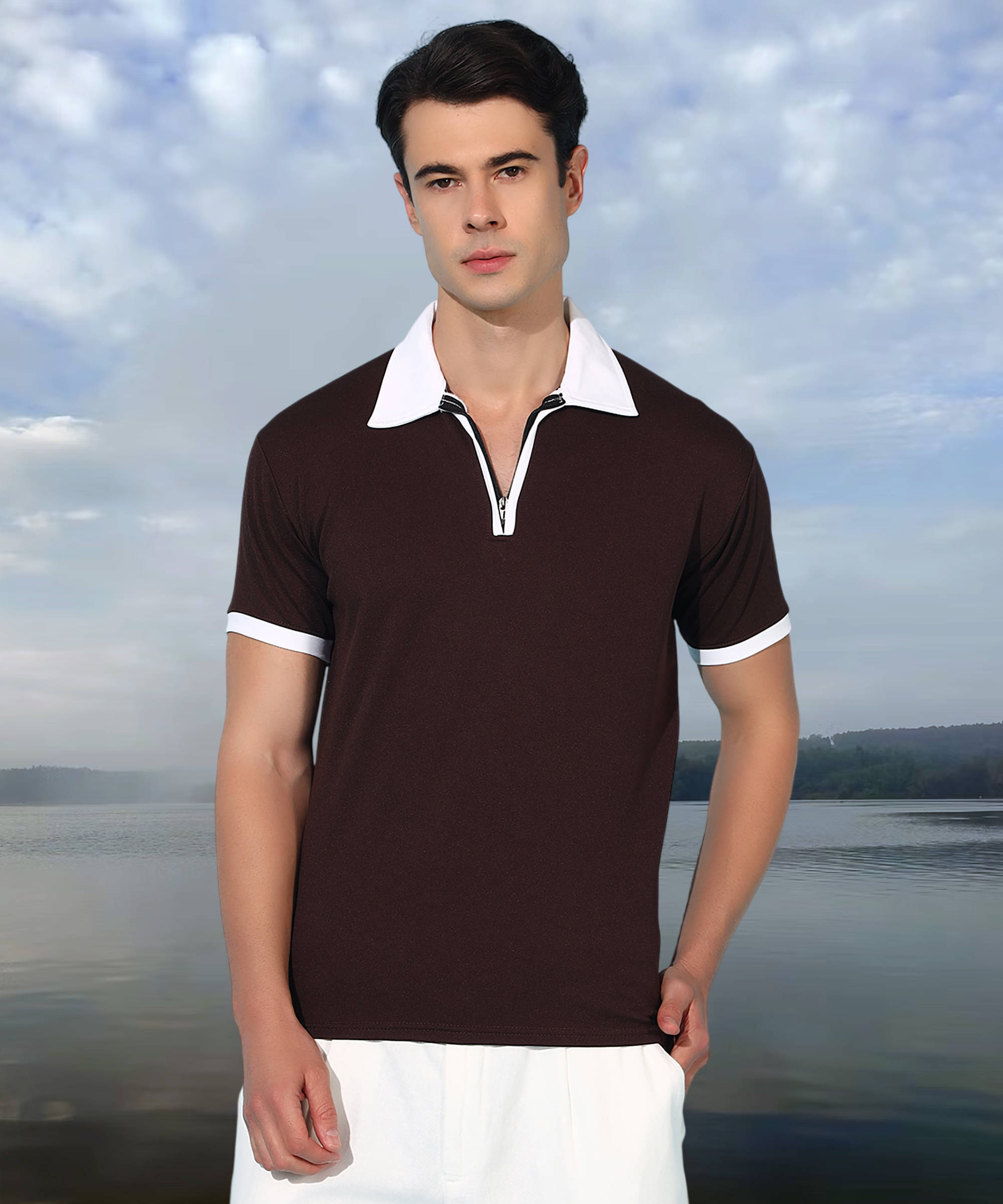     			MODYOUNG Men Cotton Blend Regular Fit Solid Polo T Shirt ( Brown )
