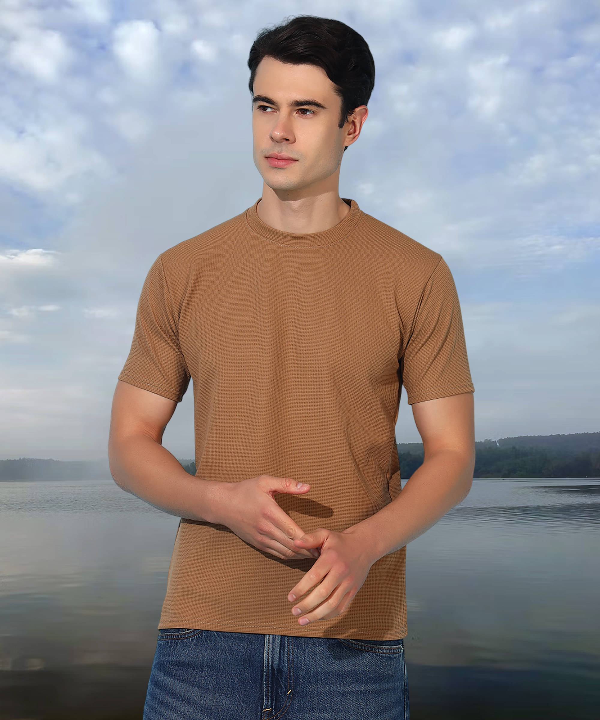 MODYOUNG Women Cotton Blend Solid Regular Fit Round Neck T-Shirt ( Beige ) MODYOUNG Women Cotton Blend Solid Regular Fit Round Neck T-Shirt ( Beige )