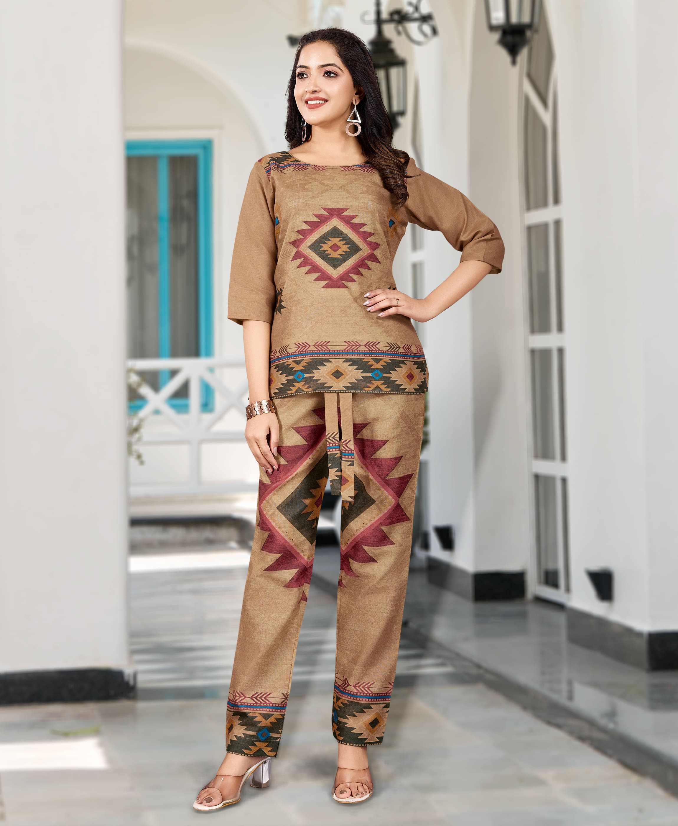     			MOJILAA Women Printed Tunic With Trousers Co-Ord Set ( Bronze )