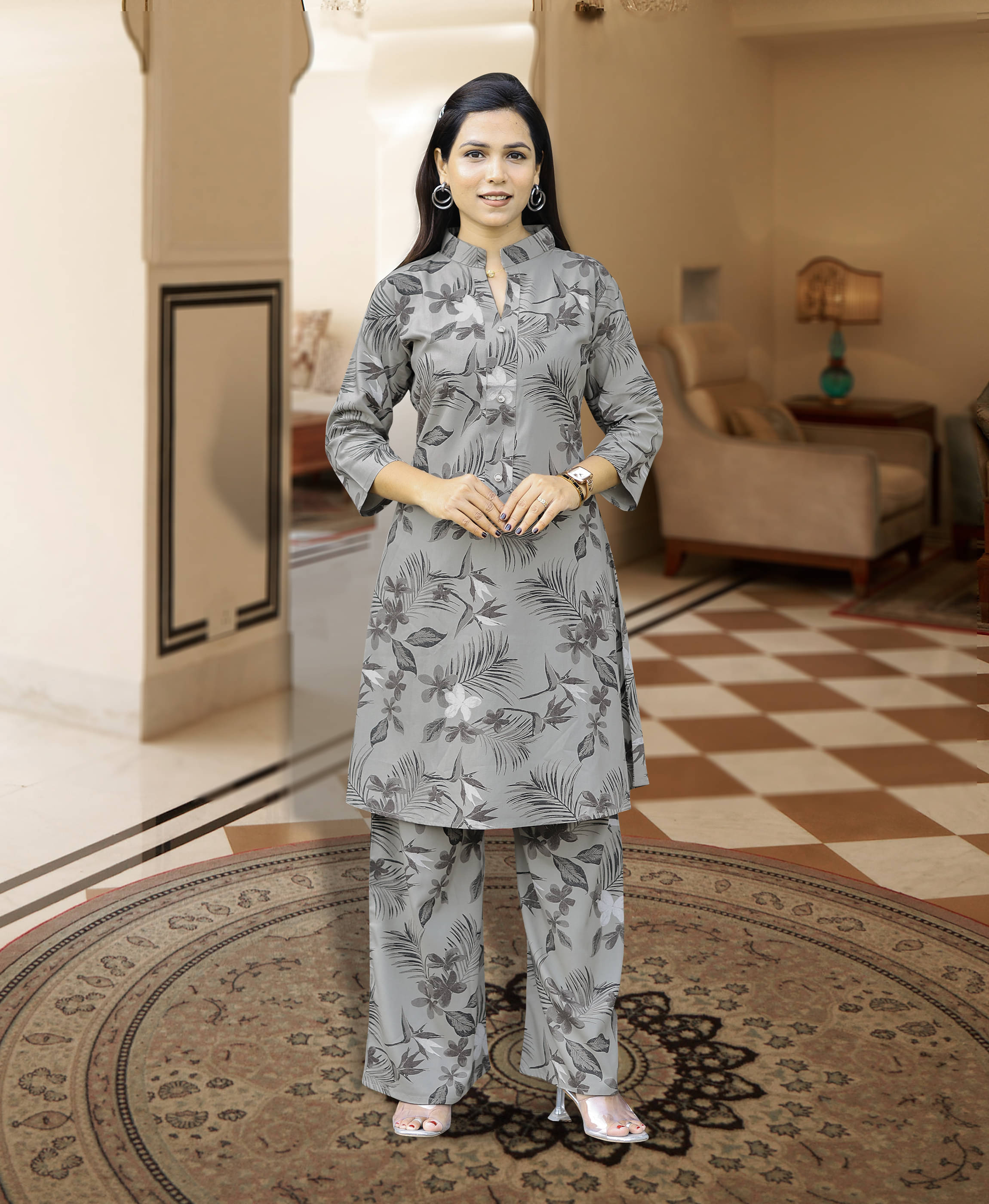     			MOJILAA Women Printed Tunic With Trousers Co-Ord Set ( Tan )