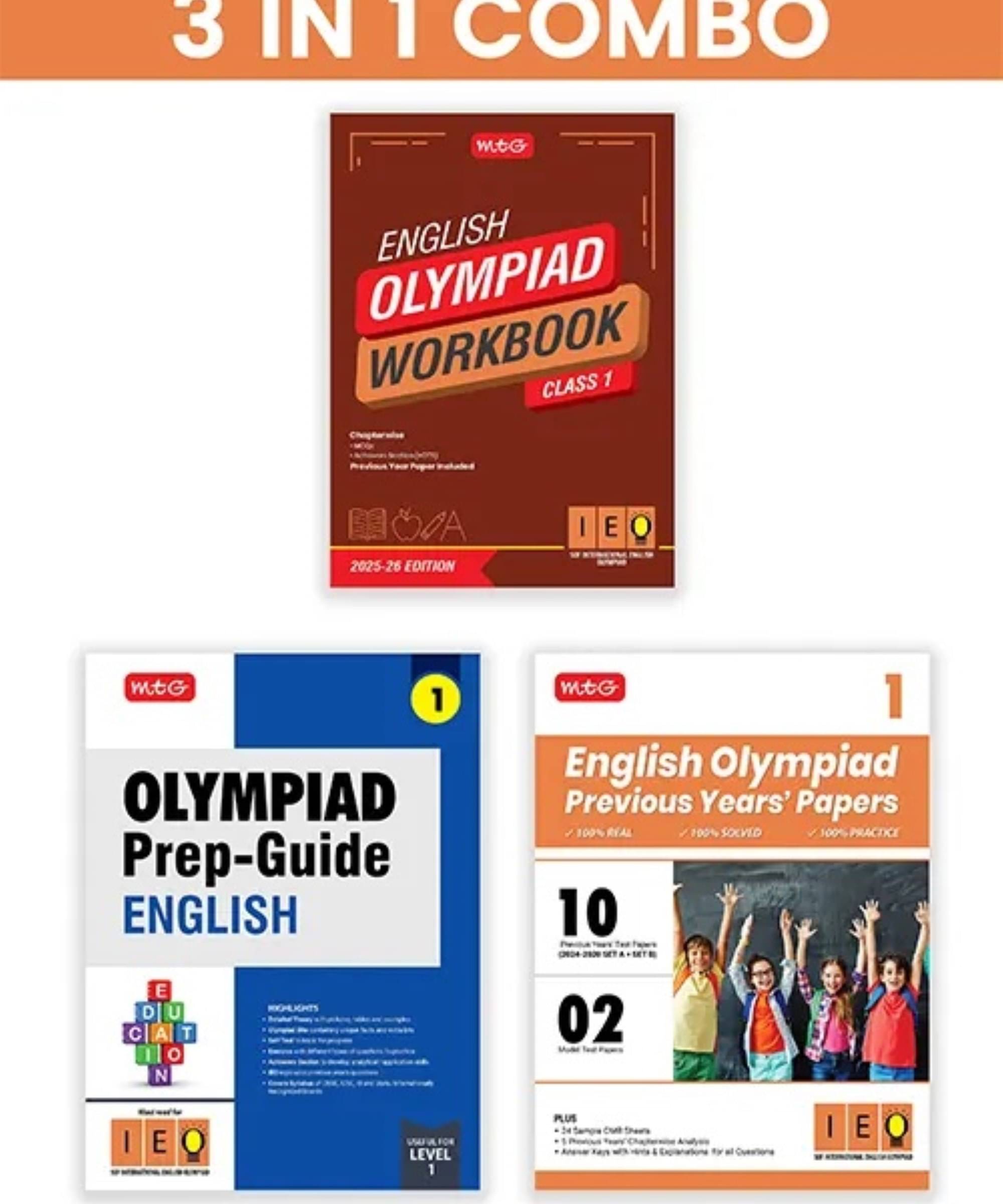     			MTG Class-1 International English Olympiad (IEO) Workbook, Prep-Guide & Previous Years Papers (PYQs) with Mock Test Paper (Set of 3 Books) - SOF Olympiad Books For 2025-26 Exam