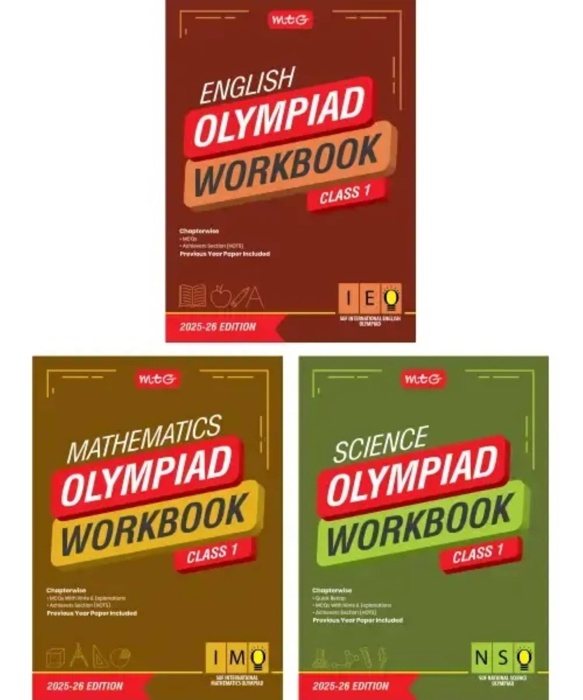     			MTG Class-1 NSO-IMO-IEO (Science, Mathematics & English) Olympiad Workbook Combo (Set of 3 Books) | MCQs, & Achievers Section - SOF Olympiad Books For 2025-26 Exam