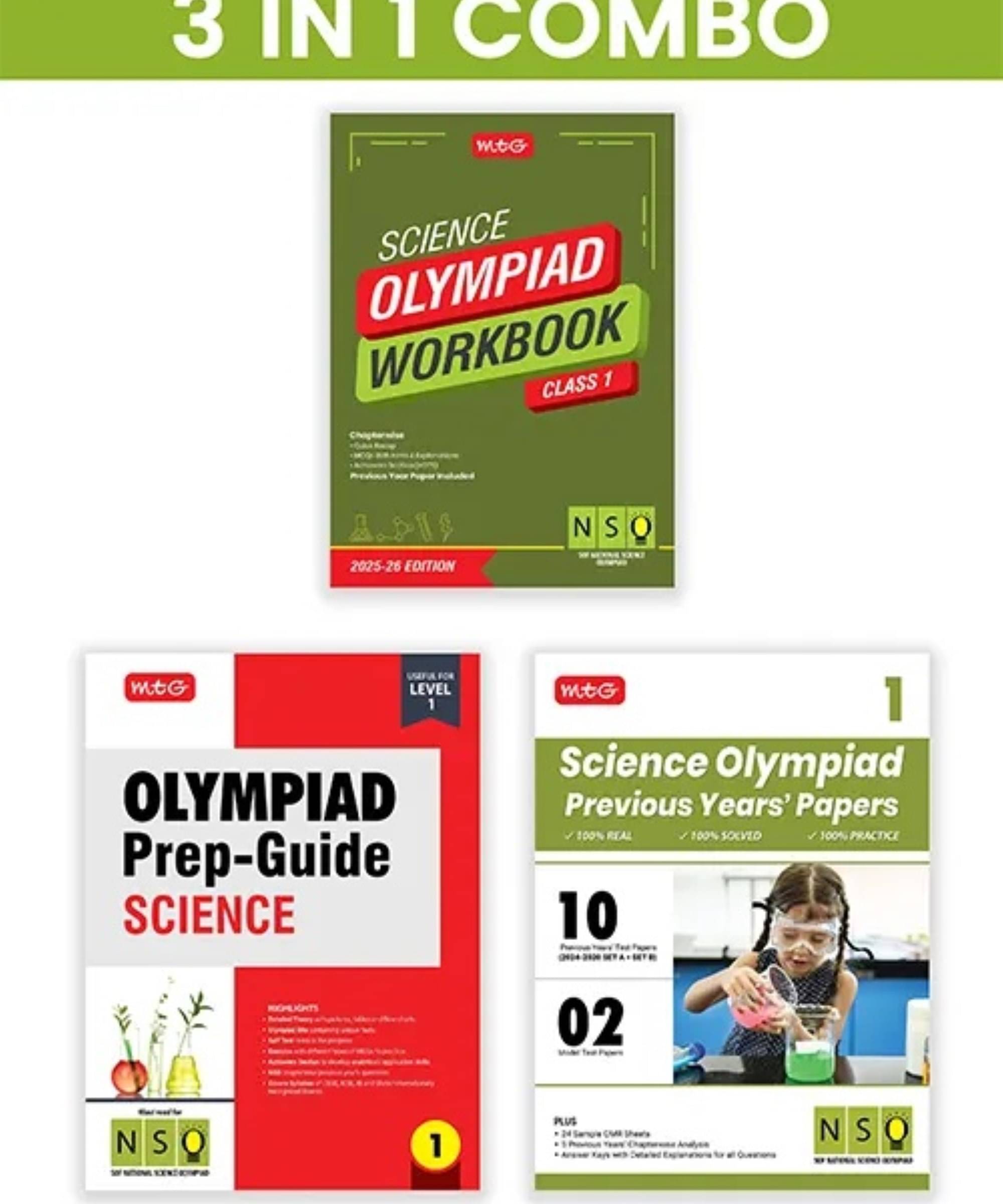     			MTG Class-1 National Science Olympiad (NSO) Workbook, Prep-Guide & Previous Years Papers (PYQs) with Mock Test Paper (Set of 3 Books) - SOF Olympiad Books For 2025-26 Exam