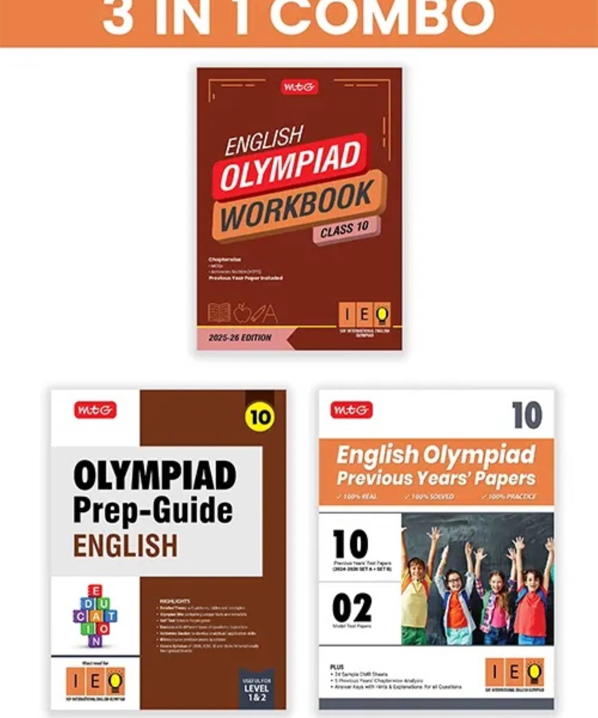 MTG Class-10 International English Olympiad (IEO) Workbook, Prep-Guide & Previous Years Papers (PYQs) with Mock Test Paper (Set of 3 Books) - SOF Olympiad Books For 2025-26 Exam MTG Class-10 International English Olympiad (IEO) Workbook, Prep-Guide & Previous Years Papers (PYQs) with Mock Test Paper (Set of 3 Books) - SOF Olympiad Books For 2025-26 Exam